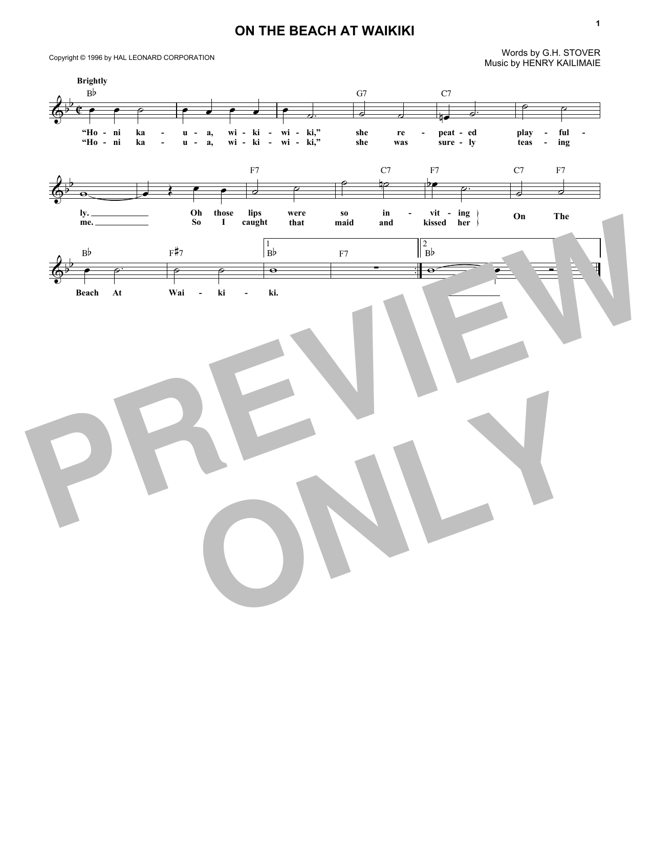Download Henry Kailimaie On The Beach At Waikiki Sheet Music and learn how to play Melody Line, Lyrics & Chords PDF digital score in minutes