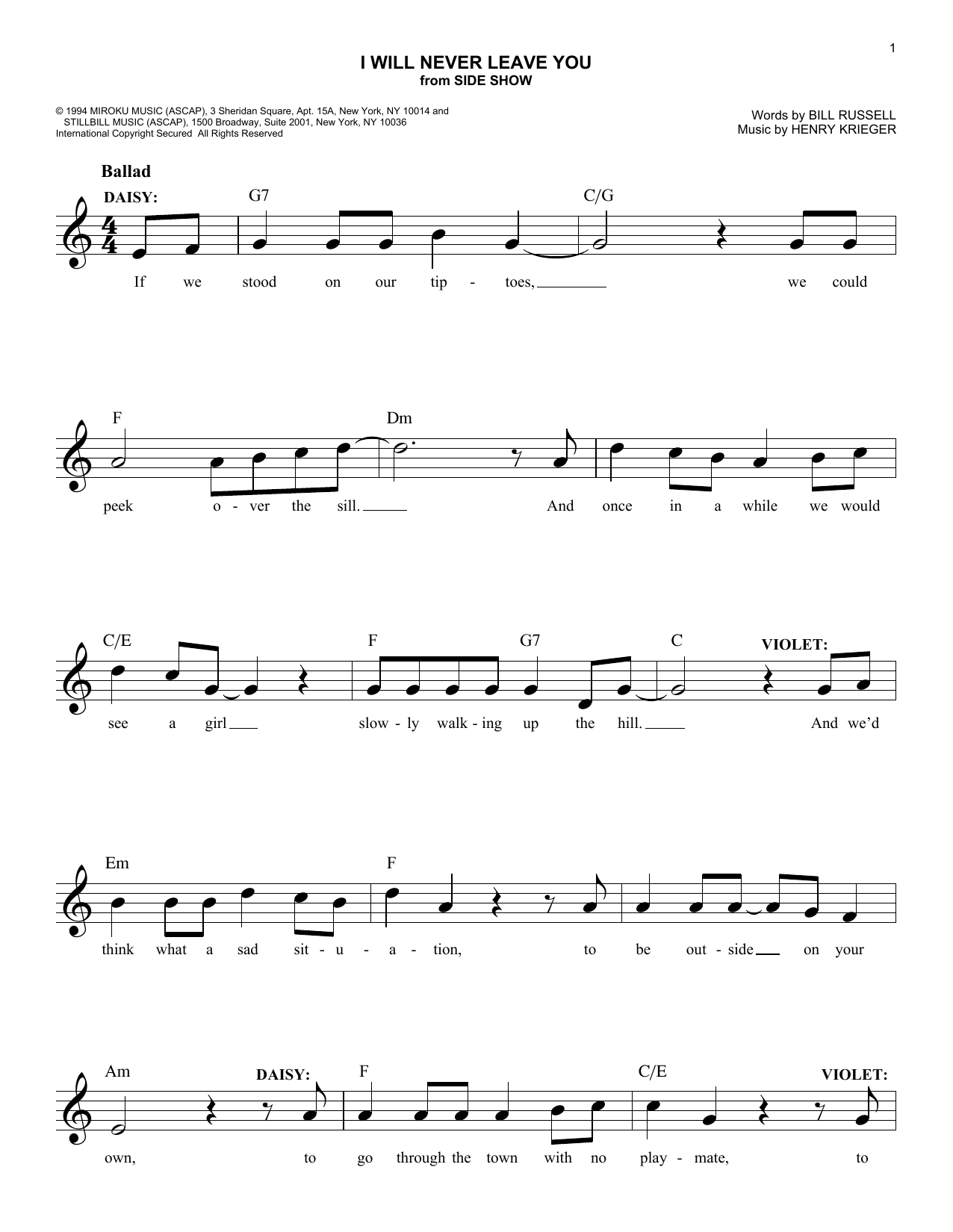 Download Henry Krieger I Will Never Leave You Sheet Music and learn how to play Melody Line, Lyrics & Chords PDF digital score in minutes