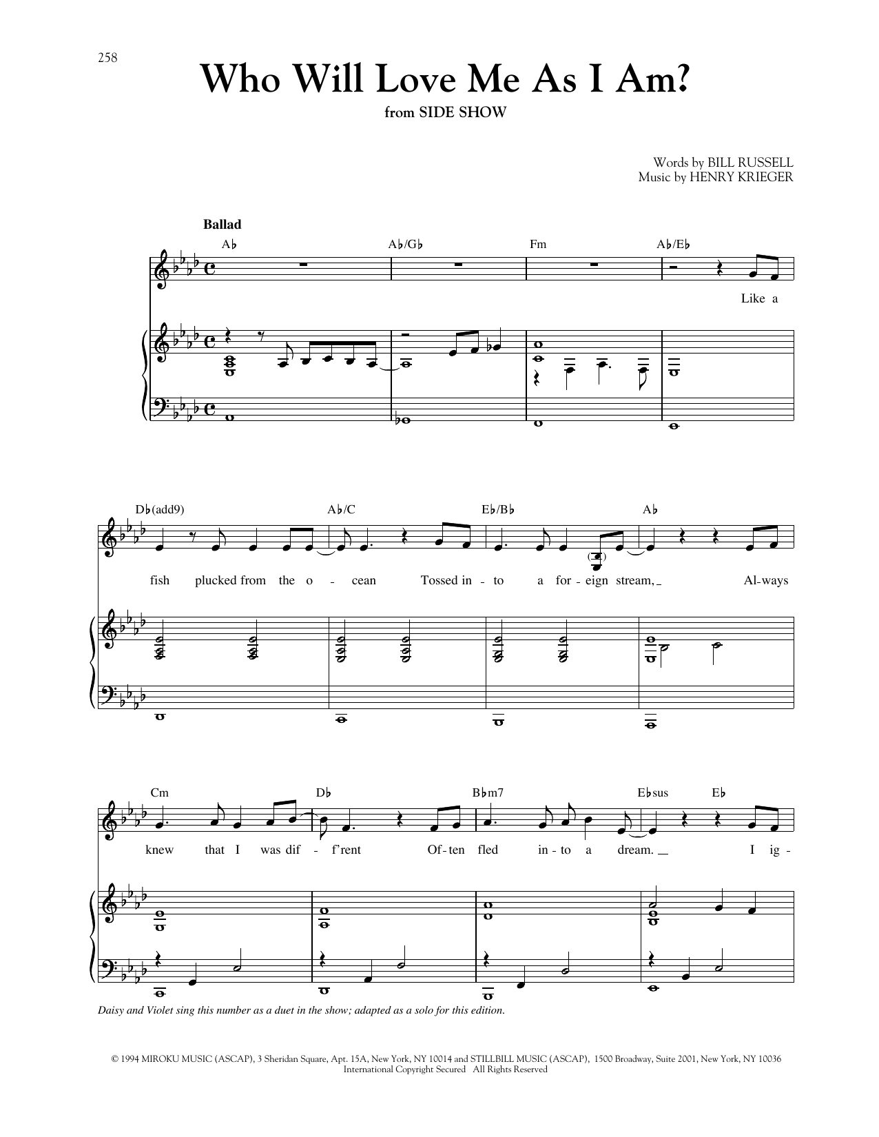 Download Henry Krieger Who Will Love Me As I Am? (from Side Show) Sheet Music and learn how to play Piano & Vocal PDF digital score in minutes