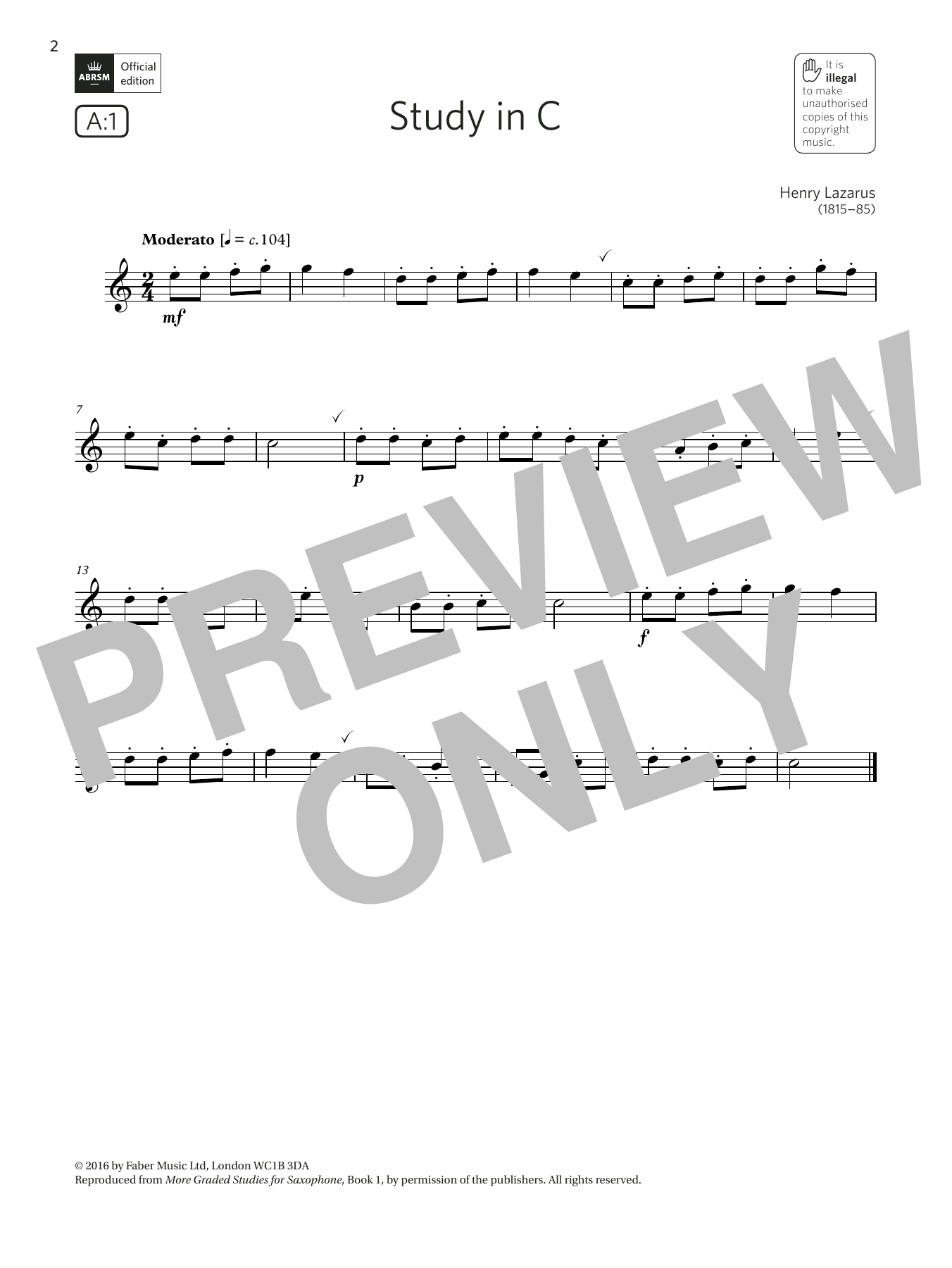 Download Henry Lazarus Study in C (Grade 1 List A1 from the ABRSM Saxophone syllabus from 2022) Sheet Music and learn how to play Alto Sax Solo PDF digital score in minutes