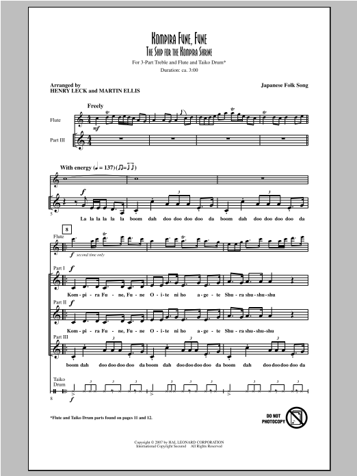 Download Traditional Kompira Fune, Fune (The Ship For The Kompira Shrine) (arr. Henry Leck) Sheet Music and learn how to play 3-Part Treble PDF digital score in minutes