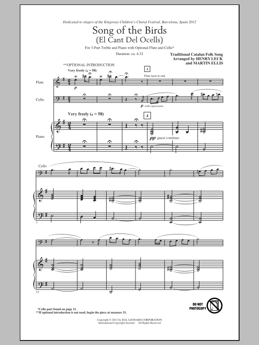 Download Traditional Song Of The Birds (El Cant Del Ocells( arr. Henry Leck) Sheet Music and learn how to play 3-Part Treble PDF digital score in minutes