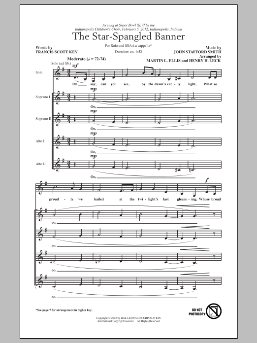 Download John Stafford Smith The Star Spangled Banner (arr. Henry Leck) Sheet Music and learn how to play SSA PDF digital score in minutes