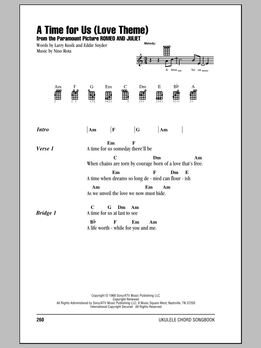 Download Nino Rota A Time For Us (Love Theme) Sheet Music and learn how to play Ukulele with strumming patterns PDF digital score in minutes