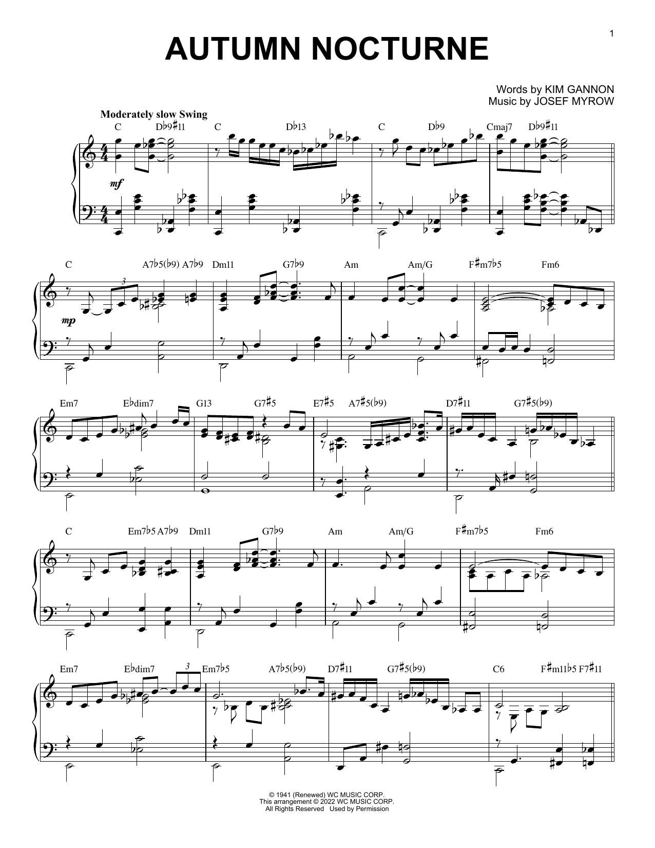 Download Henry Mancini Autumn Nocturne [Jazz version] (arr. Brent Edstrom) Sheet Music and learn how to play Piano Solo PDF digital score in minutes