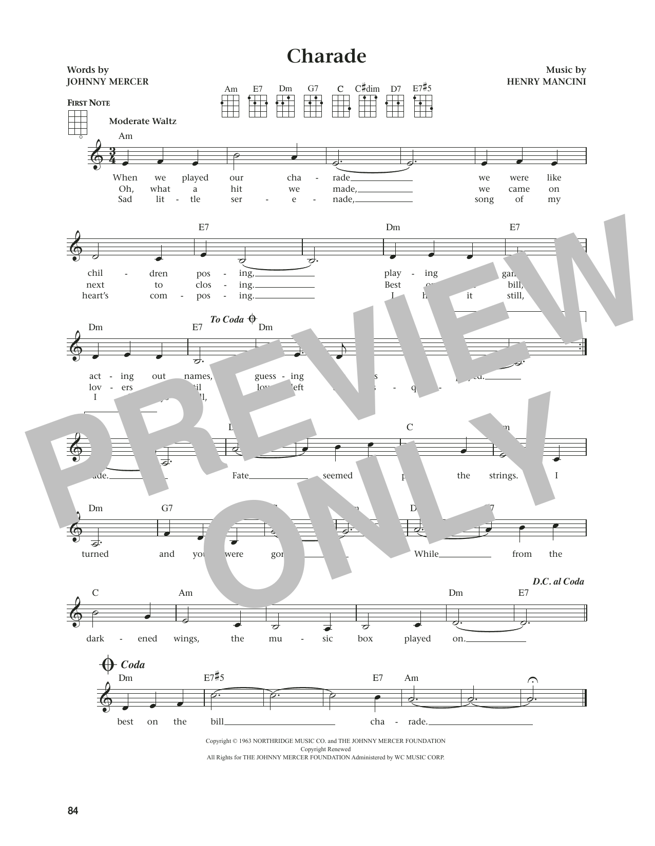 Download Henry Mancini Charade (from The Daily Ukulele) (arr. Jim Beloff) Sheet Music and learn how to play Ukulele PDF digital score in minutes