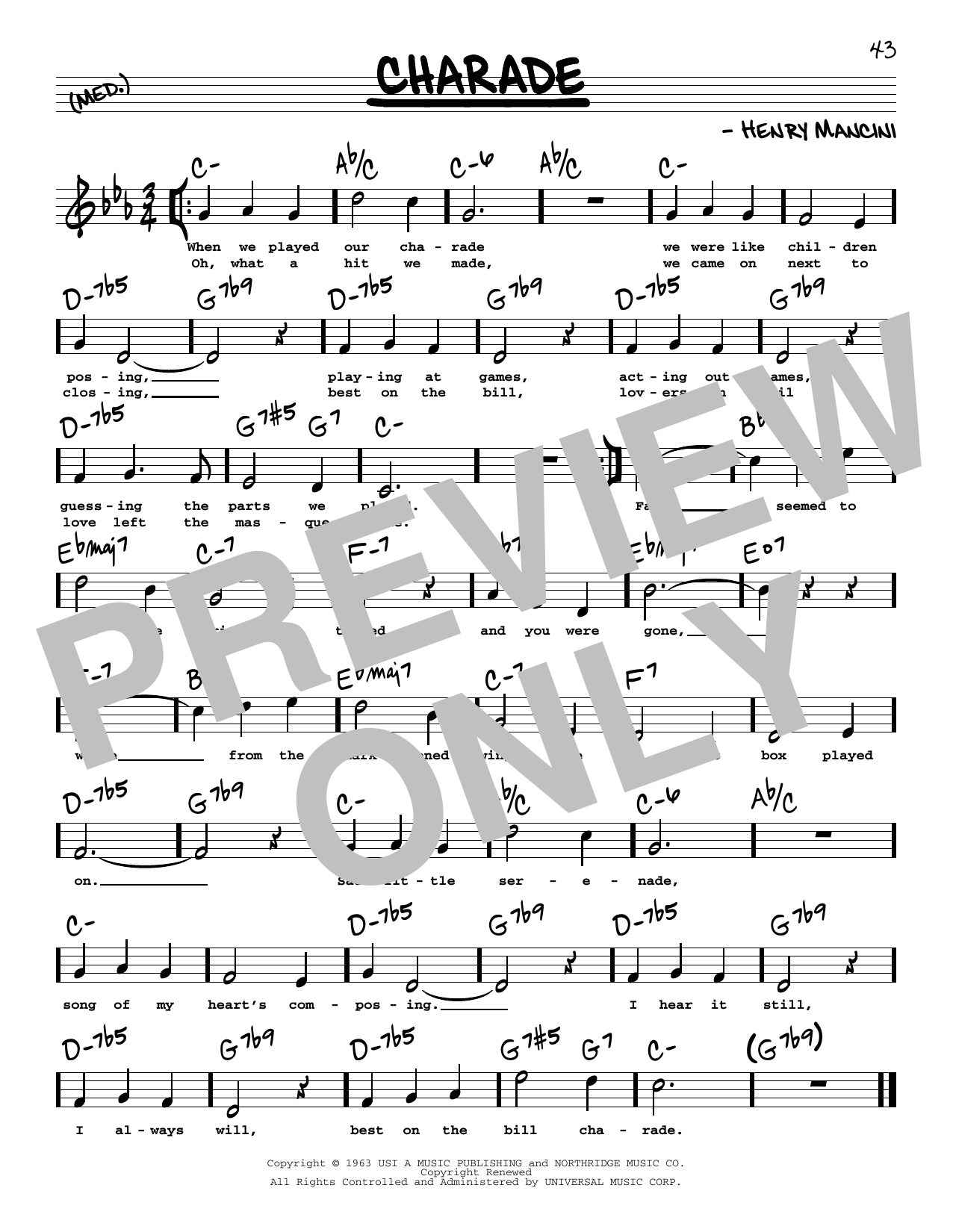 Download Henry Mancini Charade (High Voice) Sheet Music and learn how to play Real Book – Melody, Lyrics & Chords PDF digital score in minutes