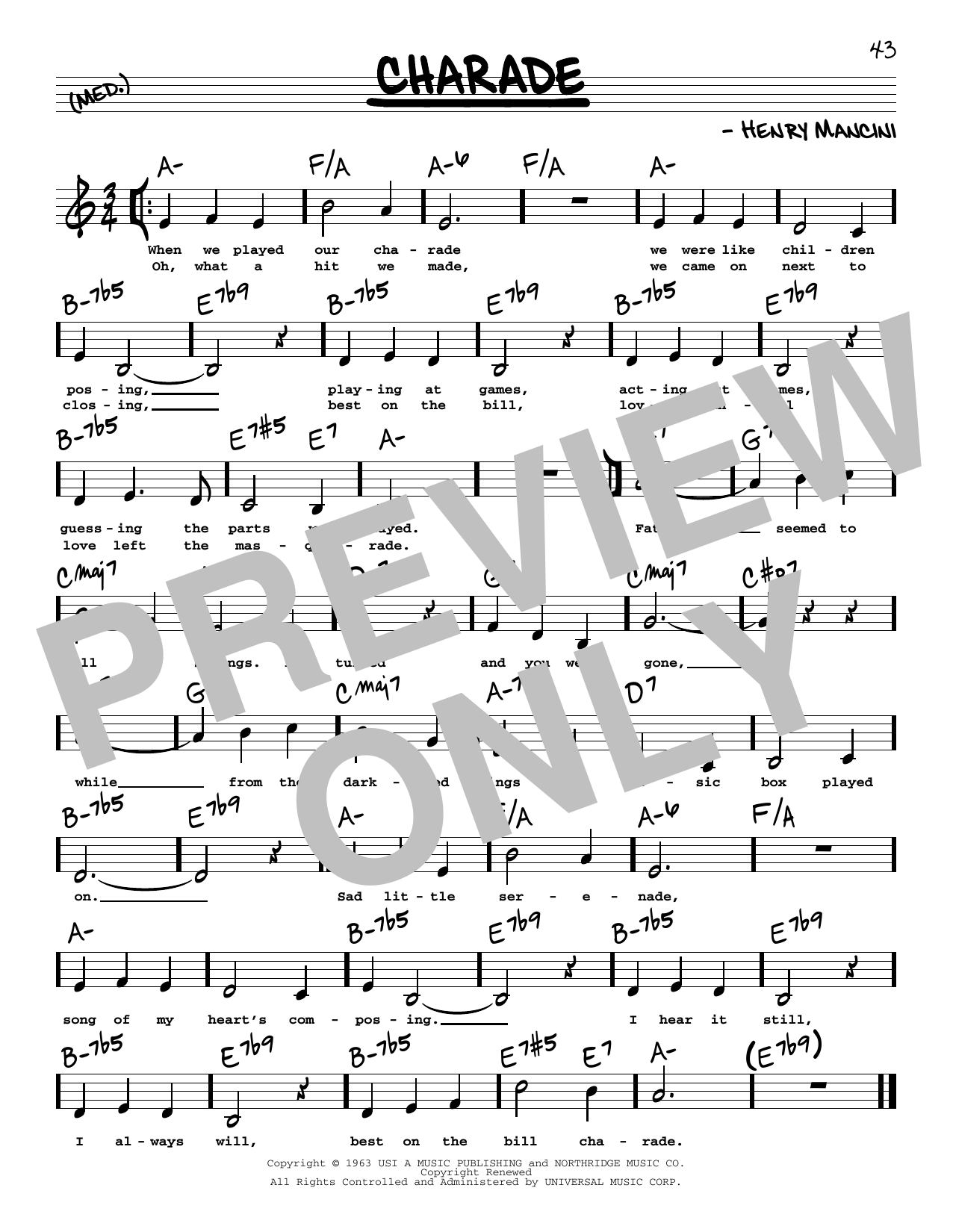 Download Henry Mancini Charade (Low Voice) Sheet Music and learn how to play Real Book – Melody, Lyrics & Chords PDF digital score in minutes