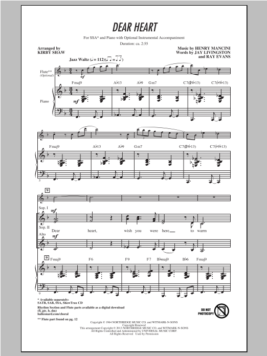Download Henry Mancini Dear Heart (arr. Kirby Shaw) Sheet Music and learn how to play SAB PDF digital score in minutes