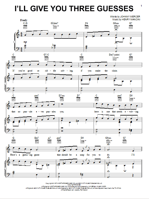 Download Henry Mancini I'll Give You Three Guesses Sheet Music and learn how to play Piano, Vocal & Guitar (Right-Hand Melody) PDF digital score in minutes