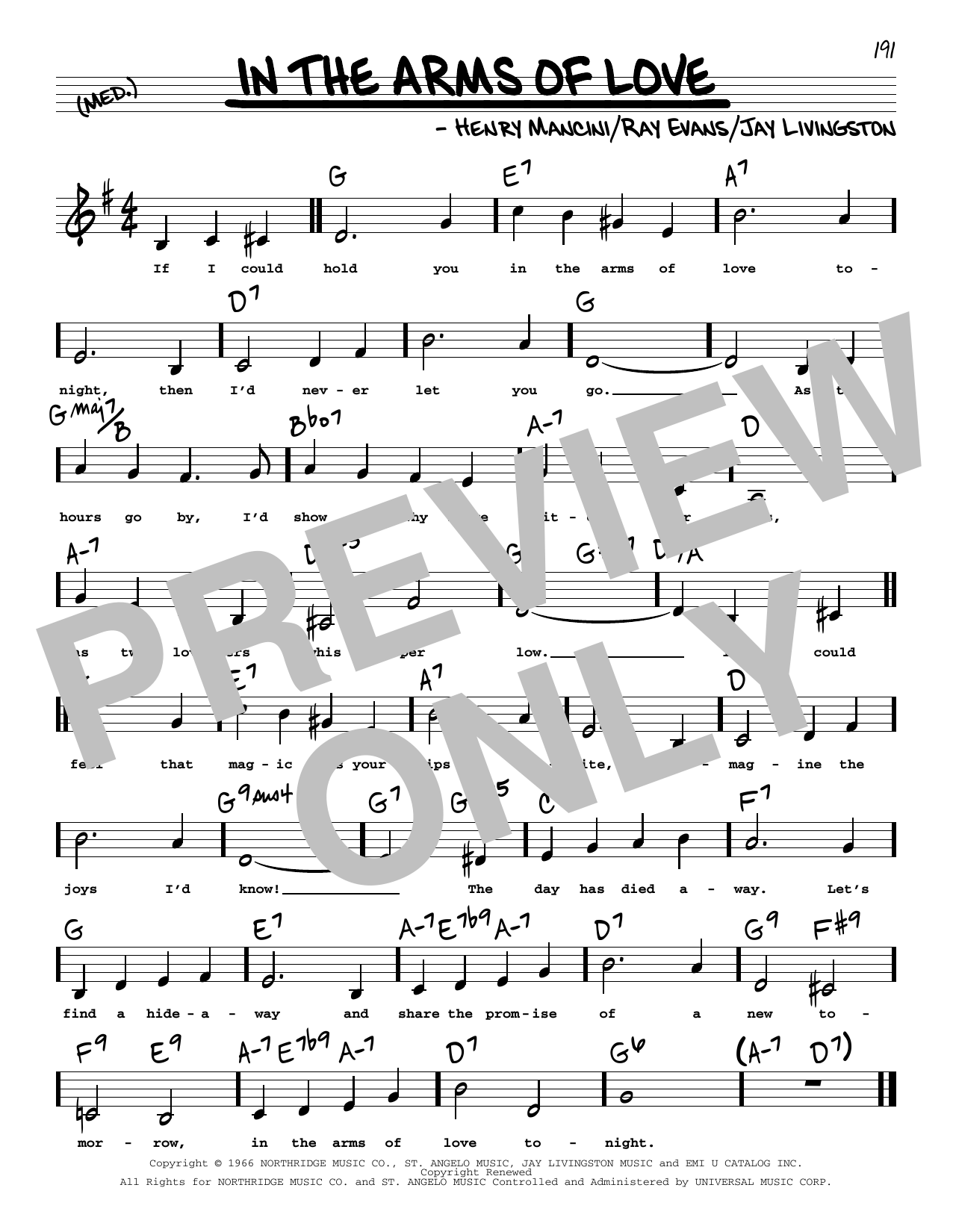 Download Henry Mancini In The Arms Of Love (Low Voice) Sheet Music and learn how to play Real Book – Melody, Lyrics & Chords PDF digital score in minutes