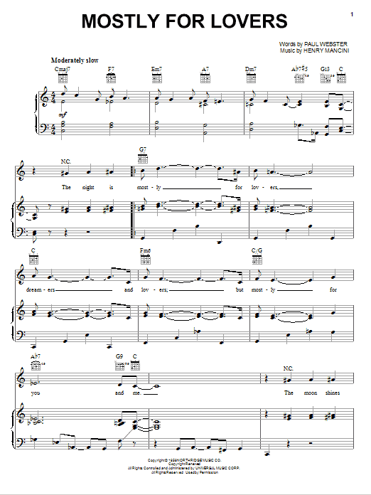 Download Henry Mancini Mostly For Lovers Sheet Music and learn how to play Piano, Vocal & Guitar (Right-Hand Melody) PDF digital score in minutes