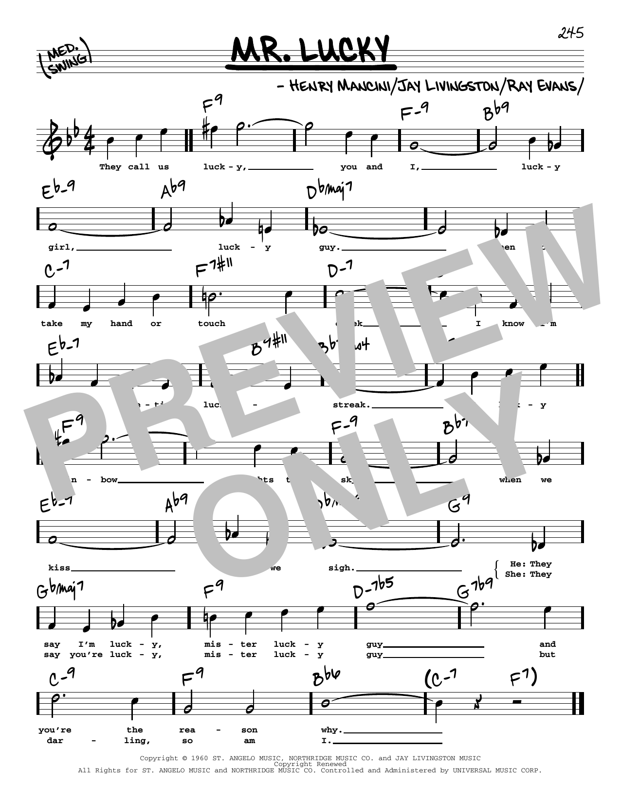 Download Henry Mancini Mr. Lucky (High Voice) Sheet Music and learn how to play Real Book – Melody, Lyrics & Chords PDF digital score in minutes