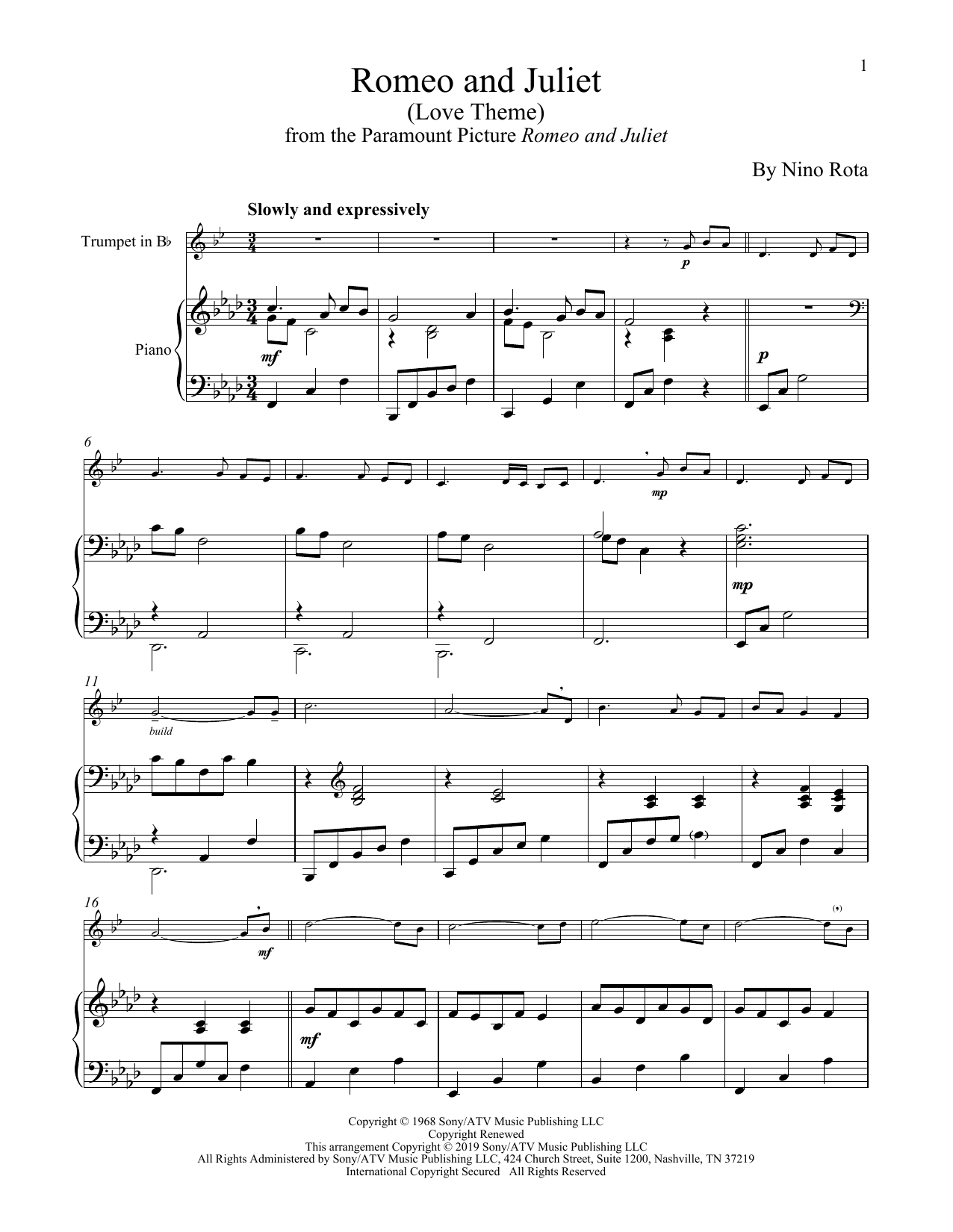 Download Henry Mancini Romeo And Juliet (Love Theme) Sheet Music and learn how to play Trumpet and Piano PDF digital score in minutes