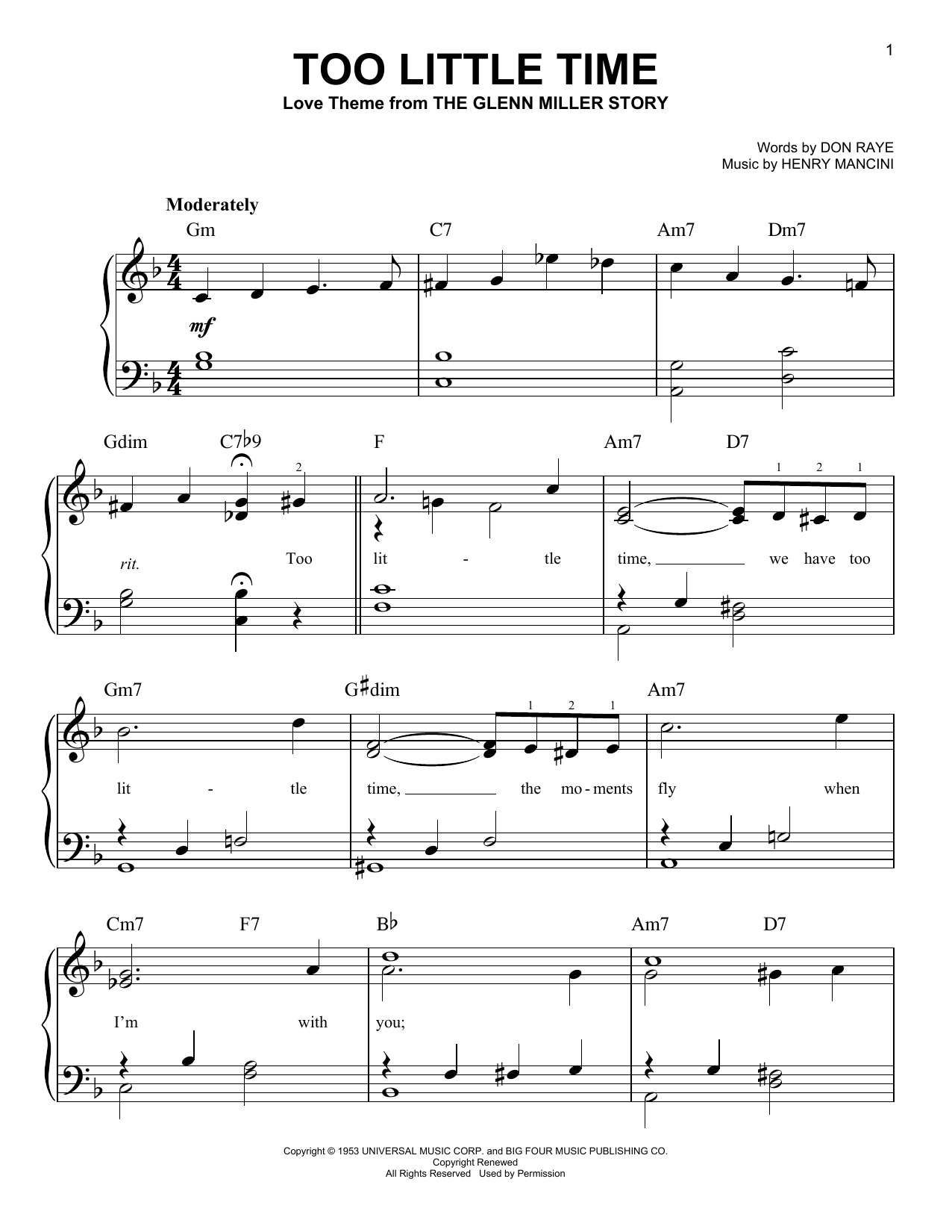 Download Henry Mancini Too Little Time Sheet Music and learn how to play Piano, Vocal & Guitar Chords (Right-Hand Melody) PDF digital score in minutes
