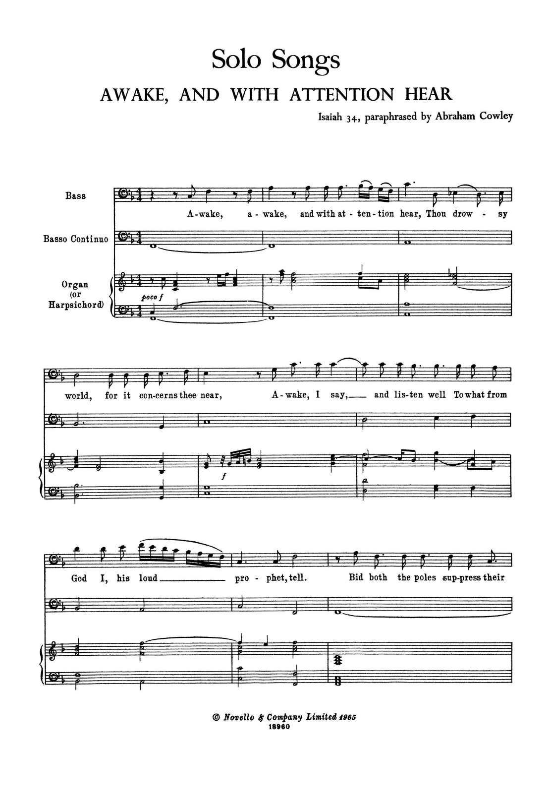 Download Henry Purcell Awake, and with Attention Hear (for Voice, Bass Continuo and Harpsichord) Sheet Music and learn how to play Piano & Vocal PDF digital score in minutes