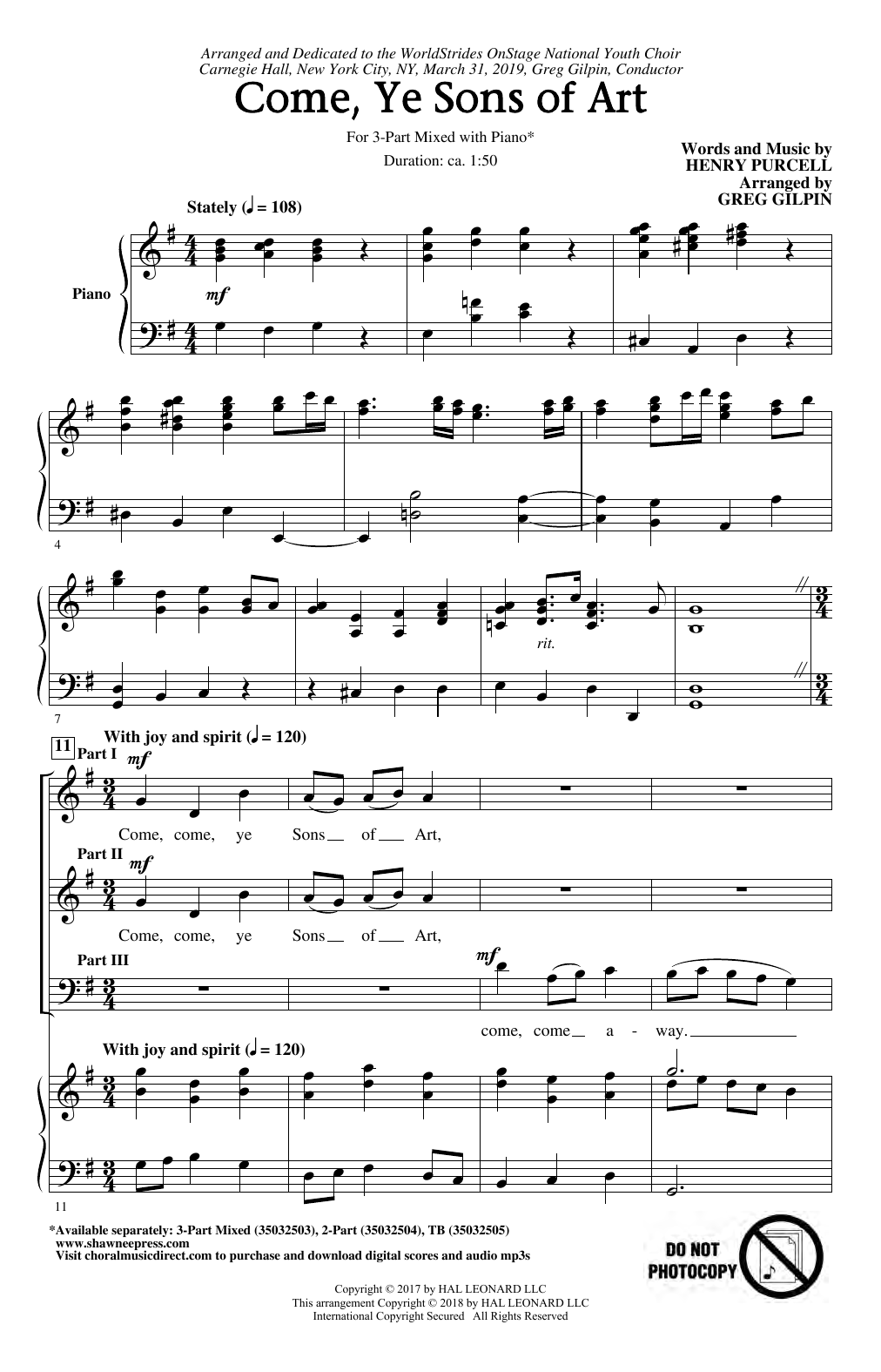 Download Henry Purcell Come, Ye Sons Of Art (arr. Greg Gilpin) Sheet Music and learn how to play 3-Part Mixed Choir PDF digital score in minutes
