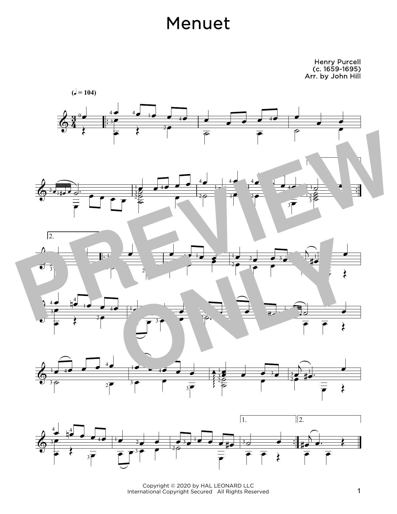 Download Henry Purcell Menuet Sheet Music and learn how to play Solo Guitar PDF digital score in minutes