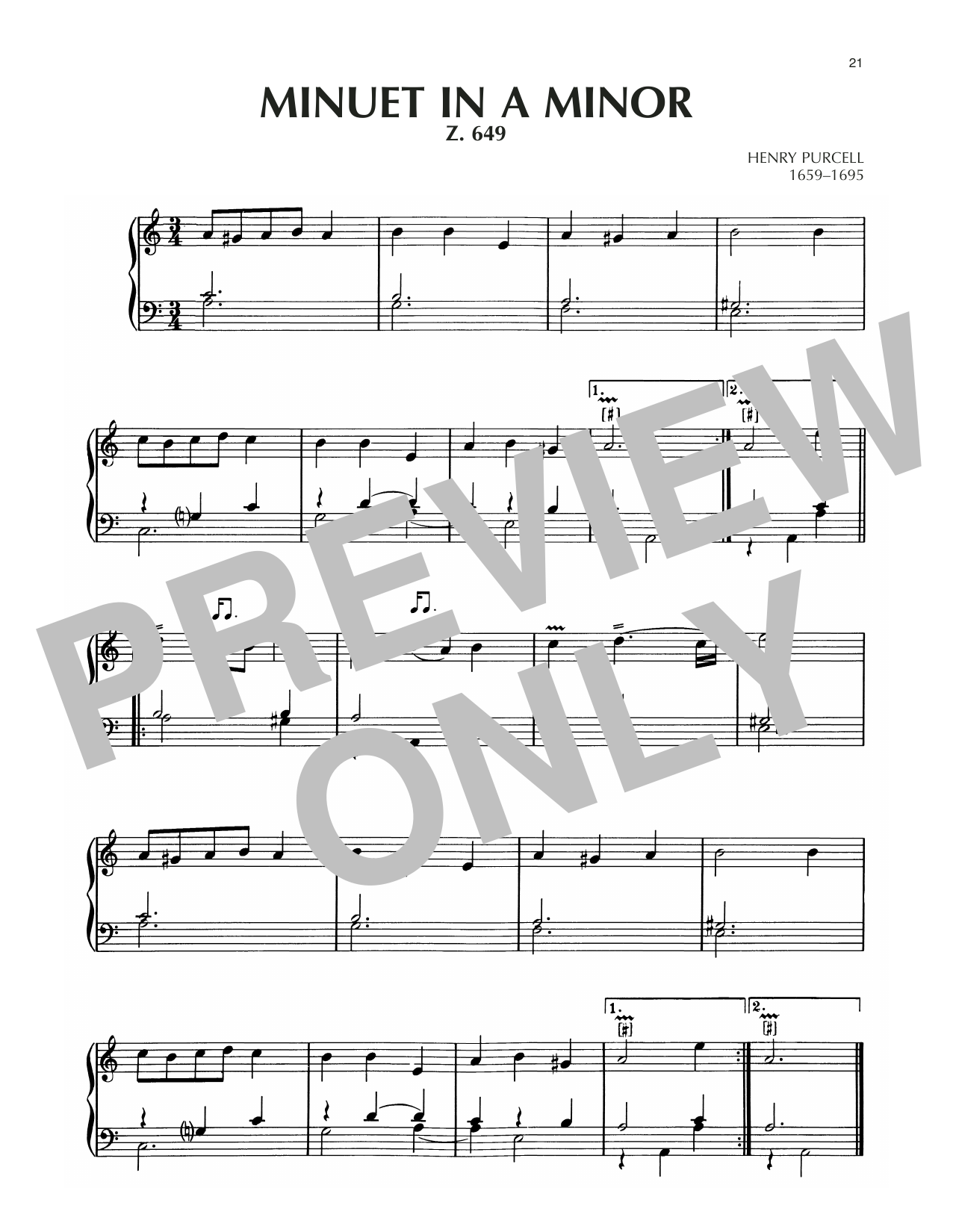 Download Henry Purcell Minuet In A Minor, Z. 649 Sheet Music and learn how to play Piano Solo PDF digital score in minutes