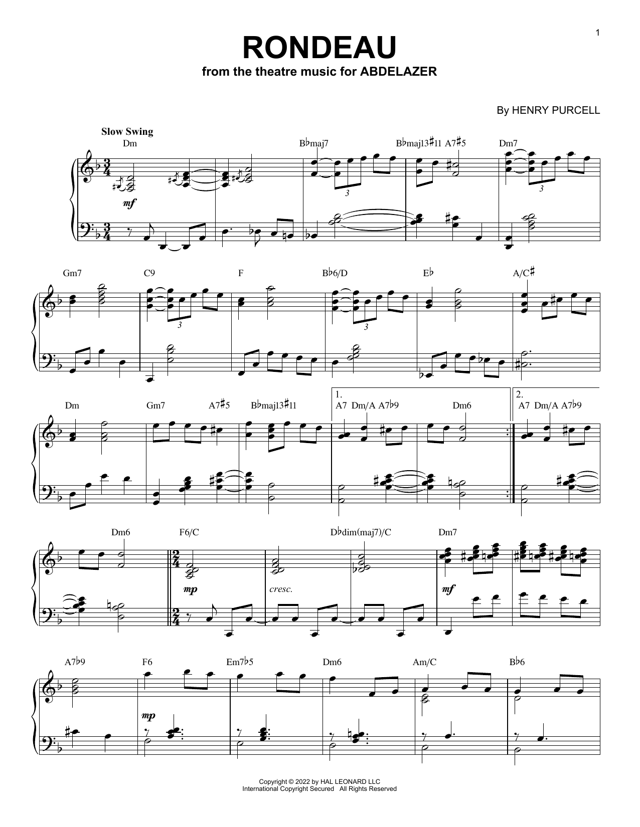Download Henry Purcell Rondeau [Jazz version] (arr. Brent Edstrom) Sheet Music and learn how to play Piano Solo PDF digital score in minutes