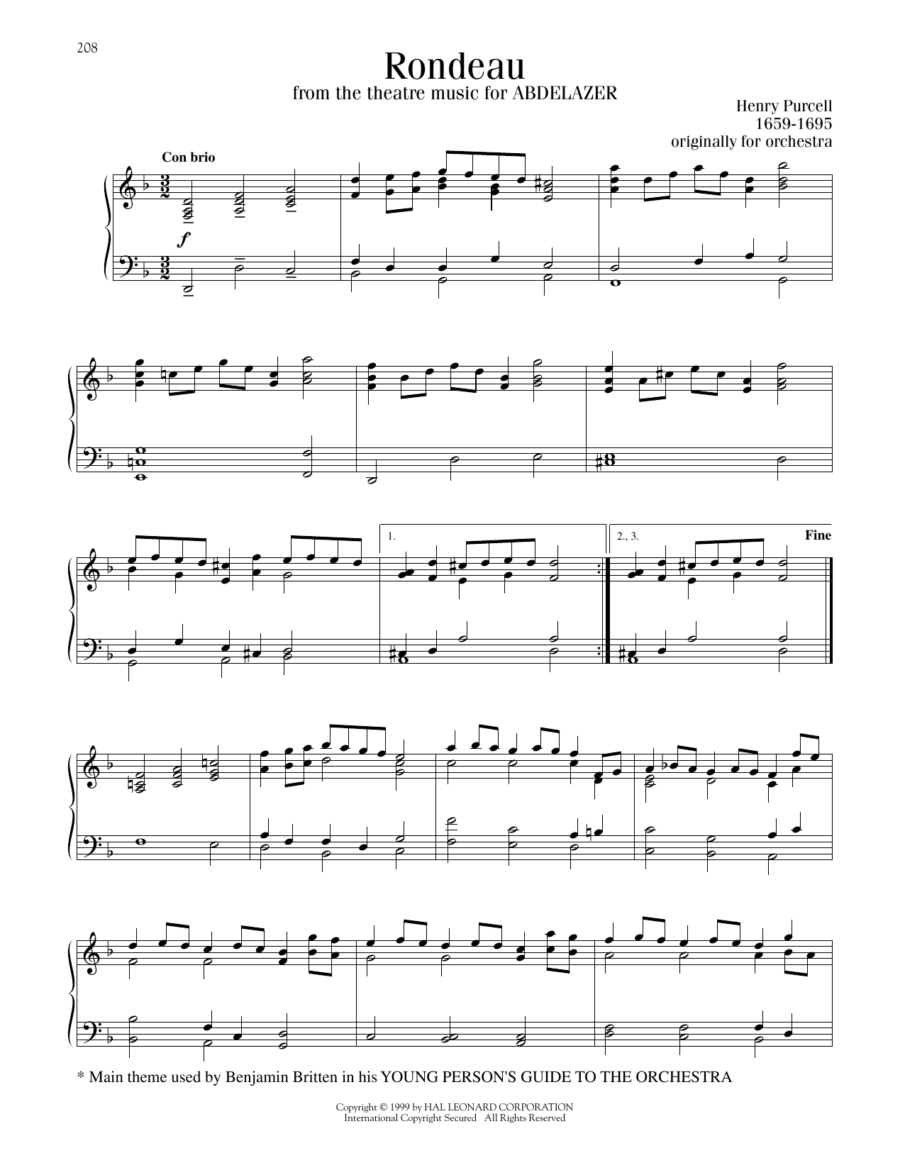 Download Henry Purcell Rondo (Rondeau) Sheet Music and learn how to play Piano Solo PDF digital score in minutes