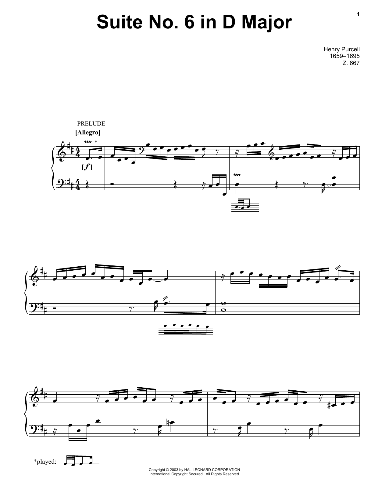 Download Henry Purcell Suite No. 6 In D Major Sheet Music and learn how to play Piano Solo PDF digital score in minutes