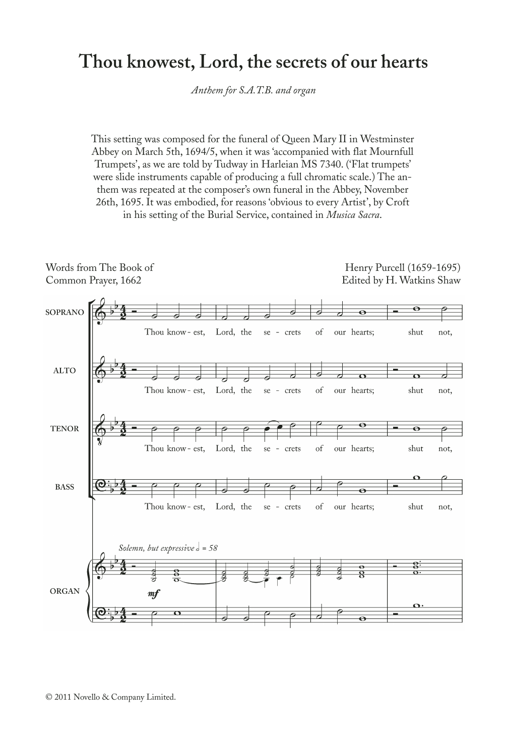 Download Henry Purcell Thou Knowest, Lord, The Secrets Of Our Hearts Sheet Music and learn how to play SATB PDF digital score in minutes