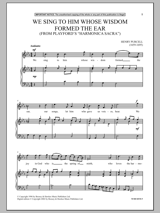Download Henry Purcell We Sing To Him Whose Wisdom Formed The Ear (From Playford's Harmonica Sacra) Sheet Music and learn how to play Piano & Vocal PDF digital score in minutes