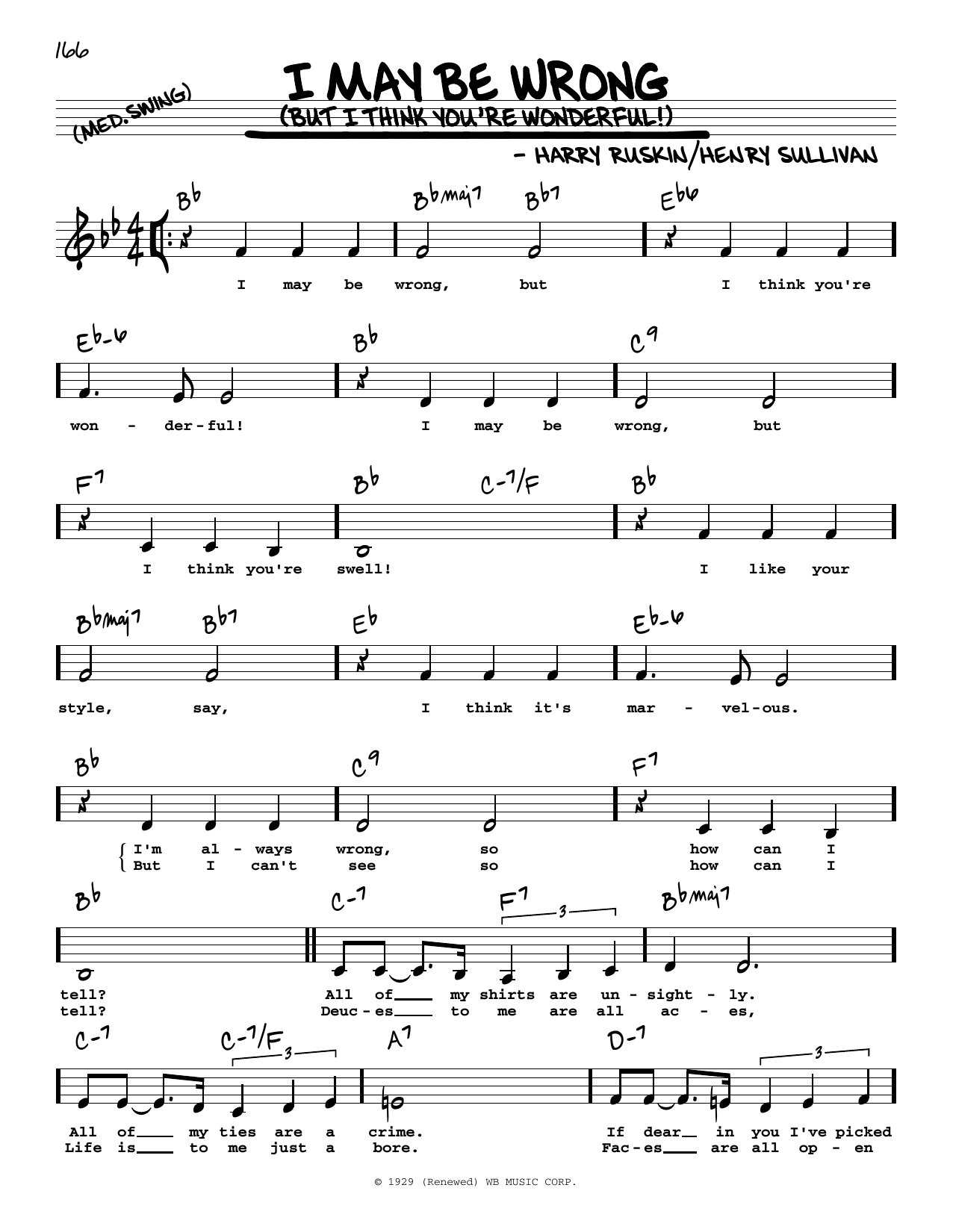 Download Henry Sullivan I May Be Wrong (But I Think You're Wonderful!) (Low Voice) Sheet Music and learn how to play Real Book – Melody, Lyrics & Chords PDF digital score in minutes