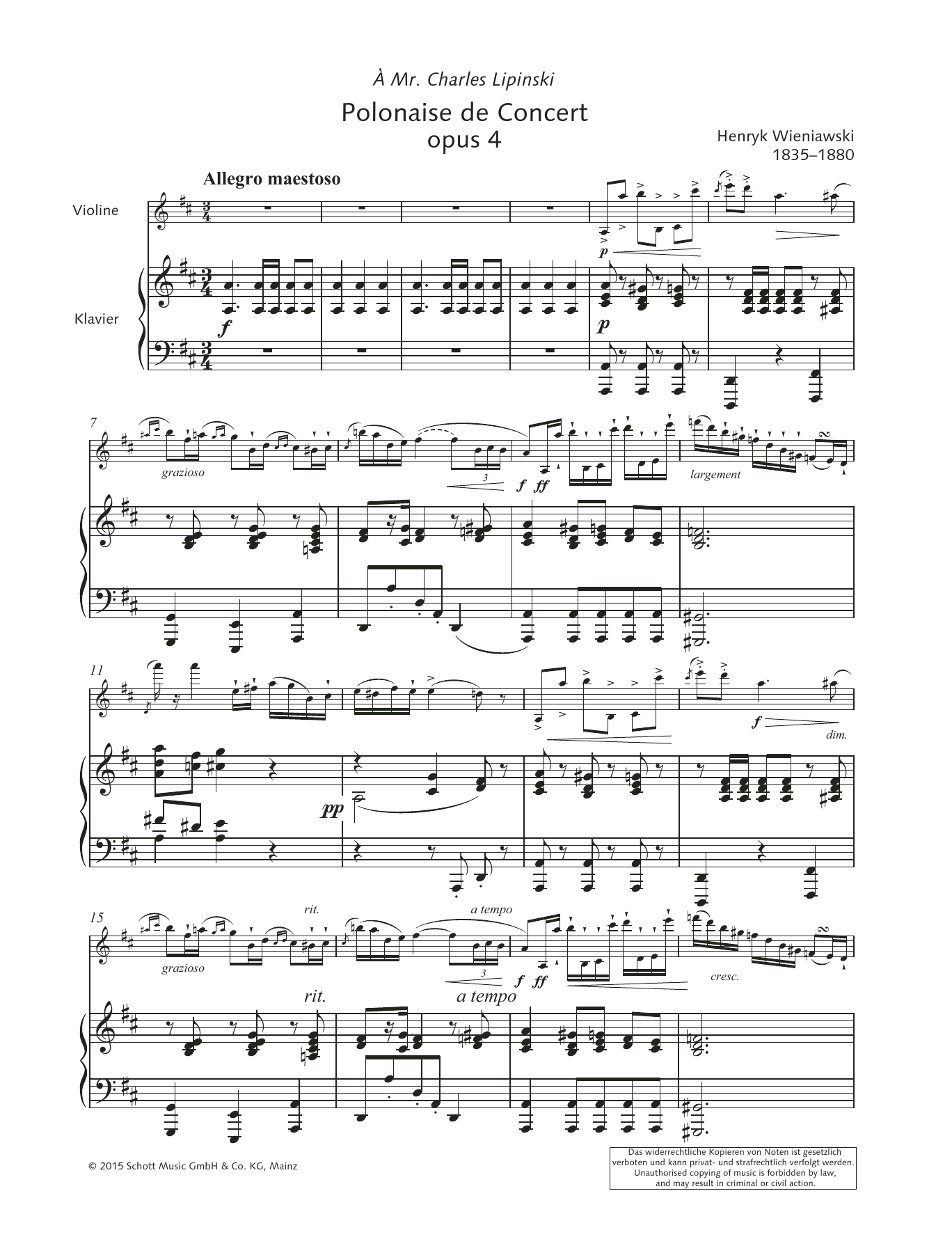 Download Henryk Wieniawski Polonaise de Concert Sheet Music and learn how to play String Solo PDF digital score in minutes