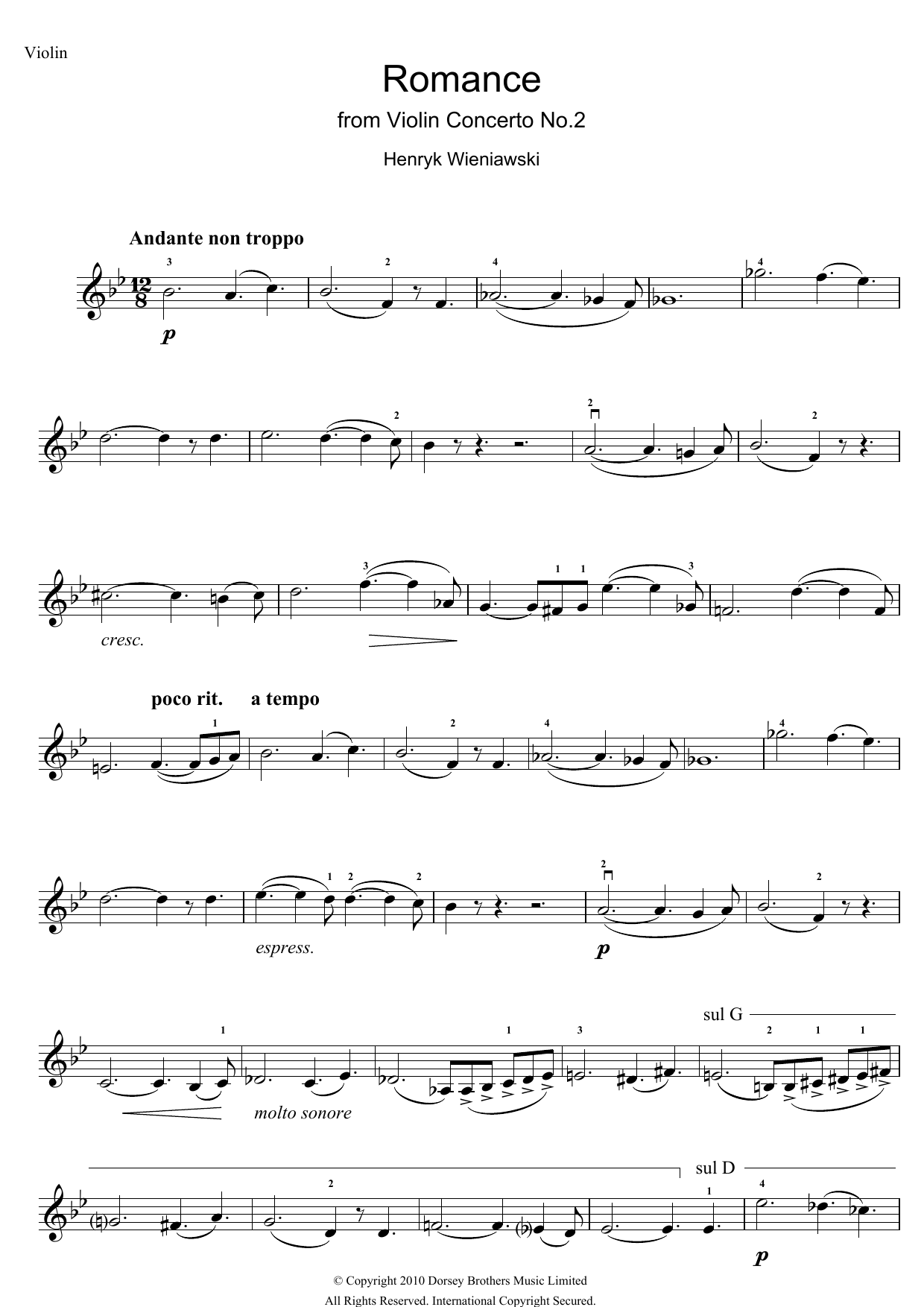 Download Henryk Wieniawski Romance From Violin Concerto, No.2 Sheet Music and learn how to play Violin PDF digital score in minutes