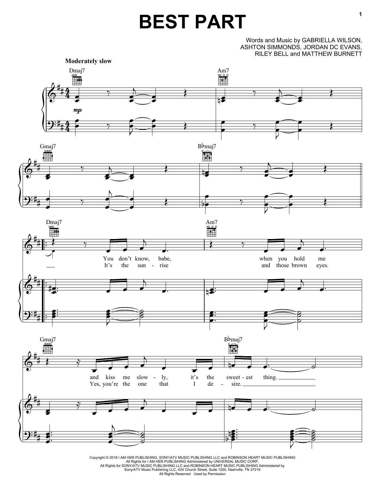 Download H.E.R. Best Part (feat. Daniel Caesar) Sheet Music and learn how to play Piano, Vocal & Guitar Chords (Right-Hand Melody) PDF digital score in minutes