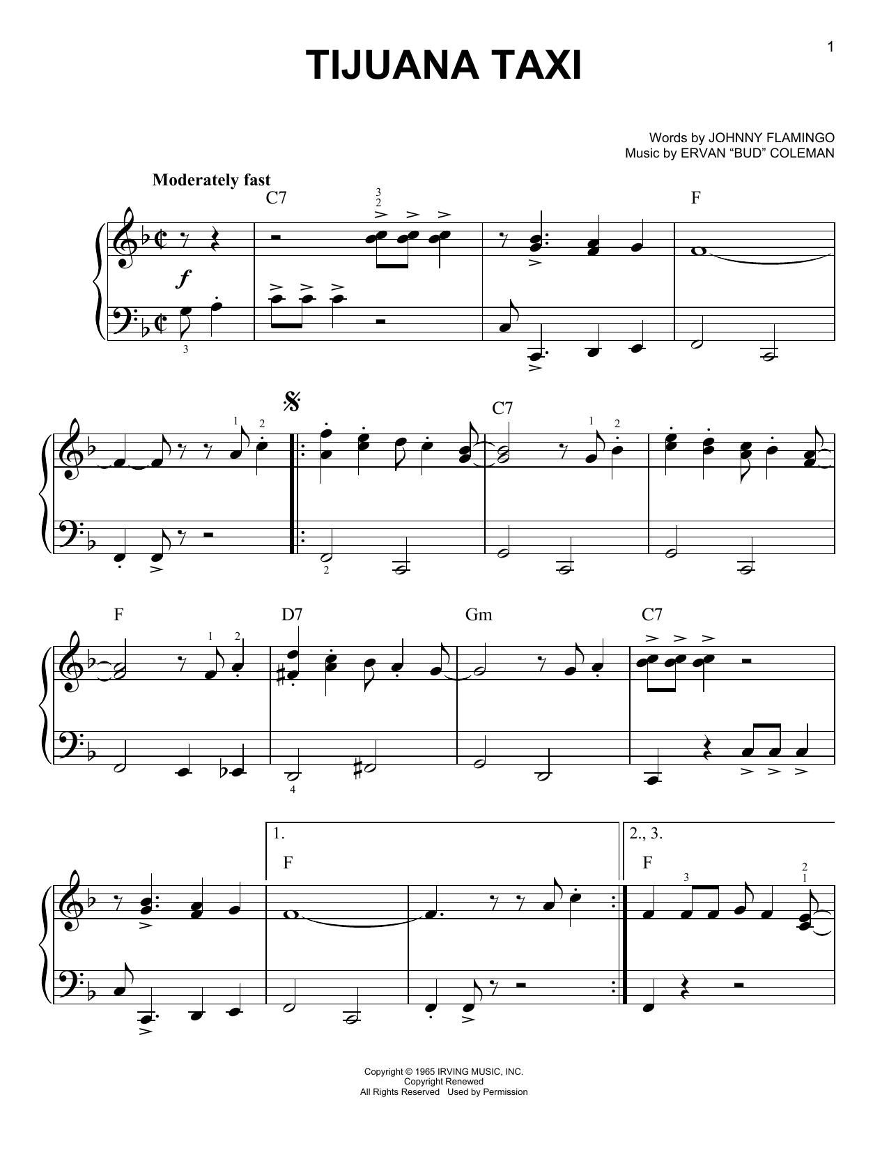 Download Herb Alpert & The Tijuana Brass Tijuana Taxi Sheet Music and learn how to play Easy Piano PDF digital score in minutes