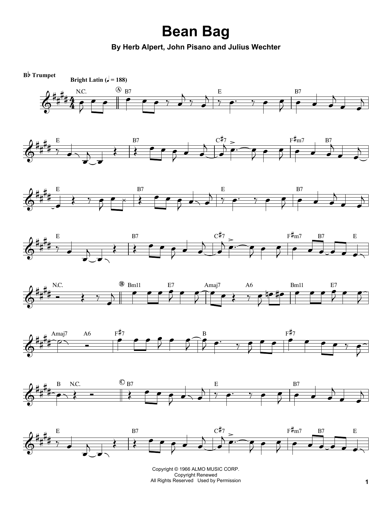 Download Herb Alpert Bean Bag Sheet Music and learn how to play Trumpet Transcription PDF digital score in minutes