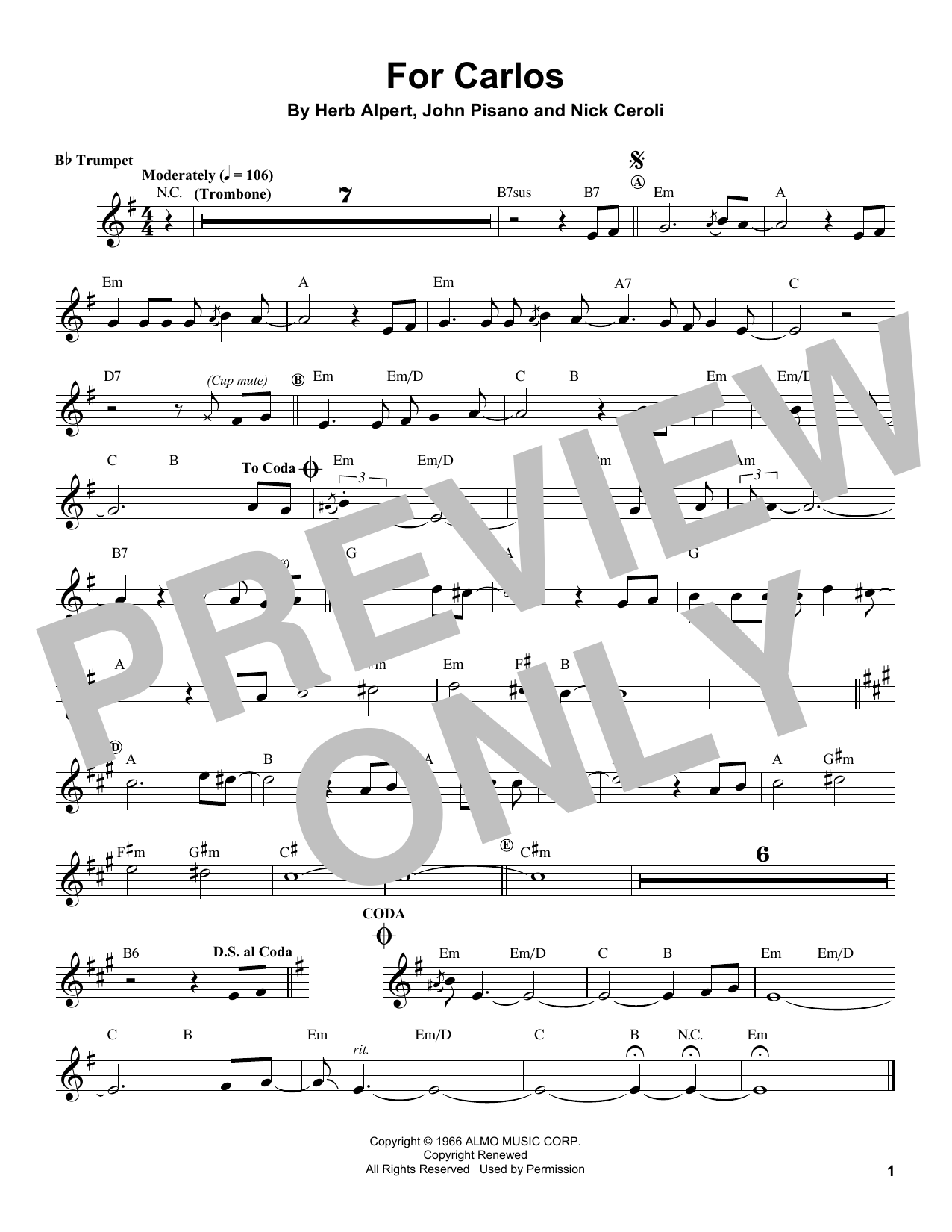 Download Herb Alpert For Carlos Sheet Music and learn how to play Trumpet Transcription PDF digital score in minutes