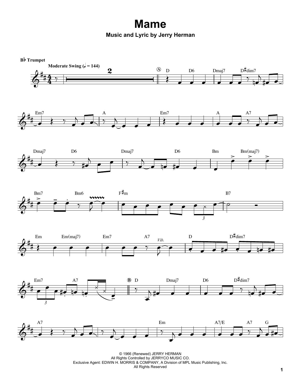 Download Herb Alpert Mame Sheet Music and learn how to play Trumpet Transcription PDF digital score in minutes