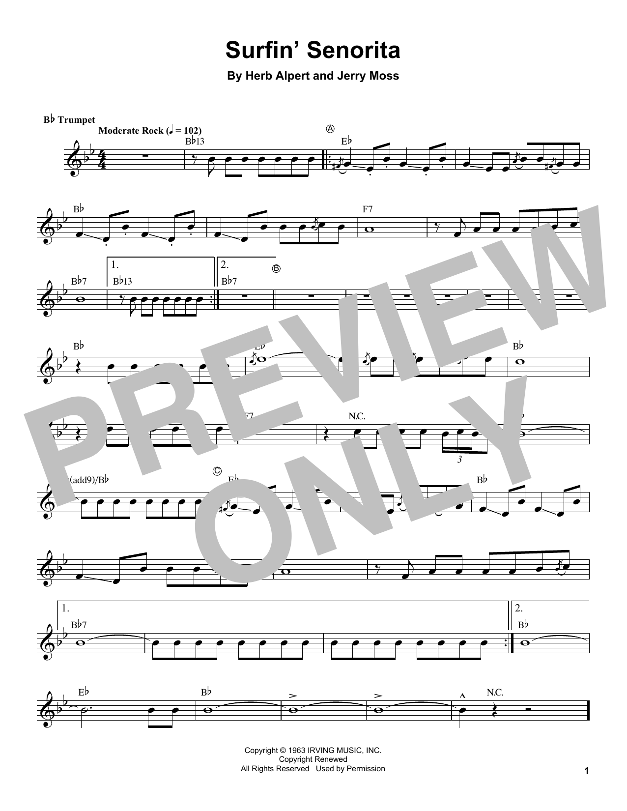 Download Herb Alpert Surfin' Senorita Sheet Music and learn how to play Trumpet Transcription PDF digital score in minutes
