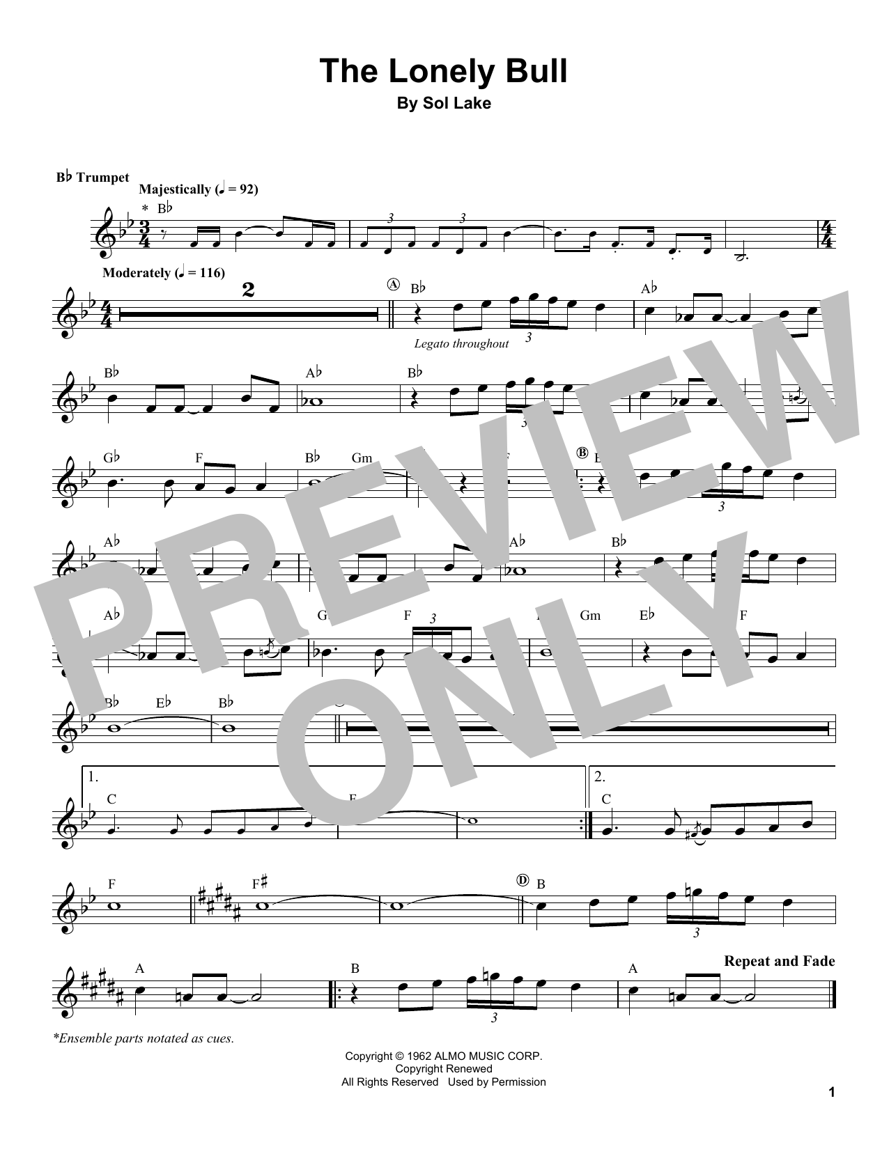 Download Herb Alpert The Lonely Bull Sheet Music and learn how to play Trumpet Transcription PDF digital score in minutes