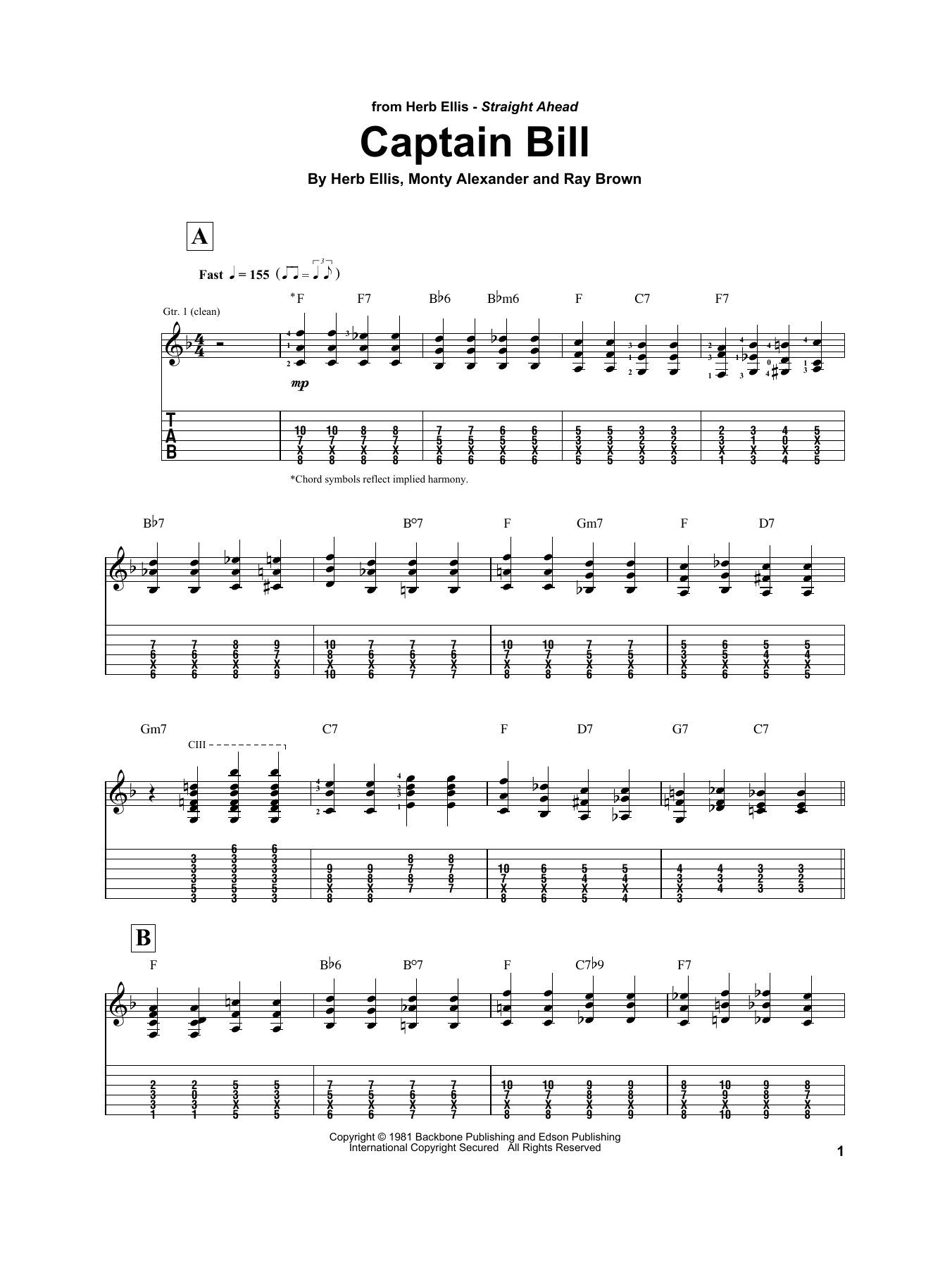 Download Herb Ellis Captain Bill Sheet Music and learn how to play Electric Guitar Transcription PDF digital score in minutes
