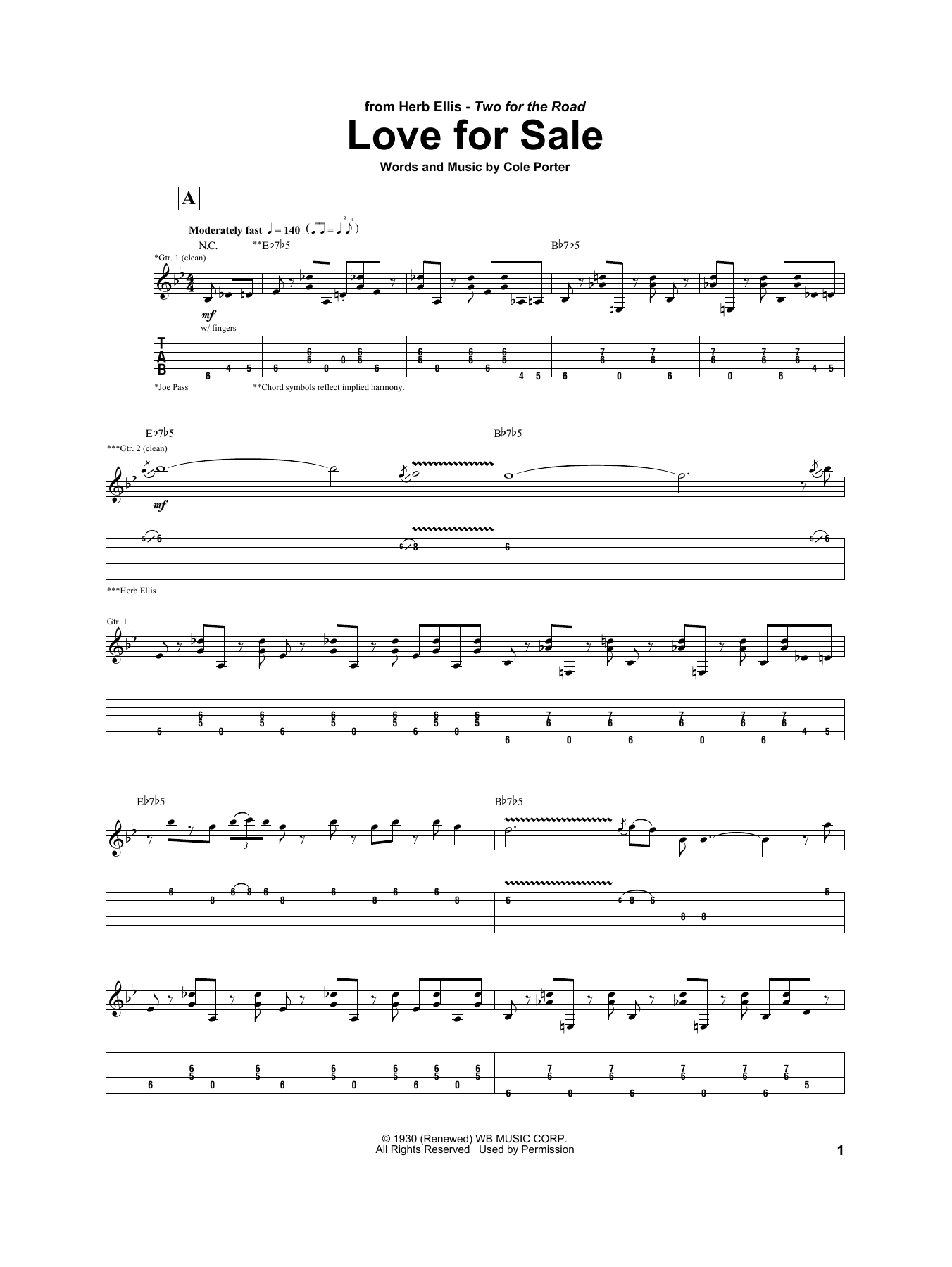 Download Herb Ellis Love For Sale Sheet Music and learn how to play Electric Guitar Transcription PDF digital score in minutes