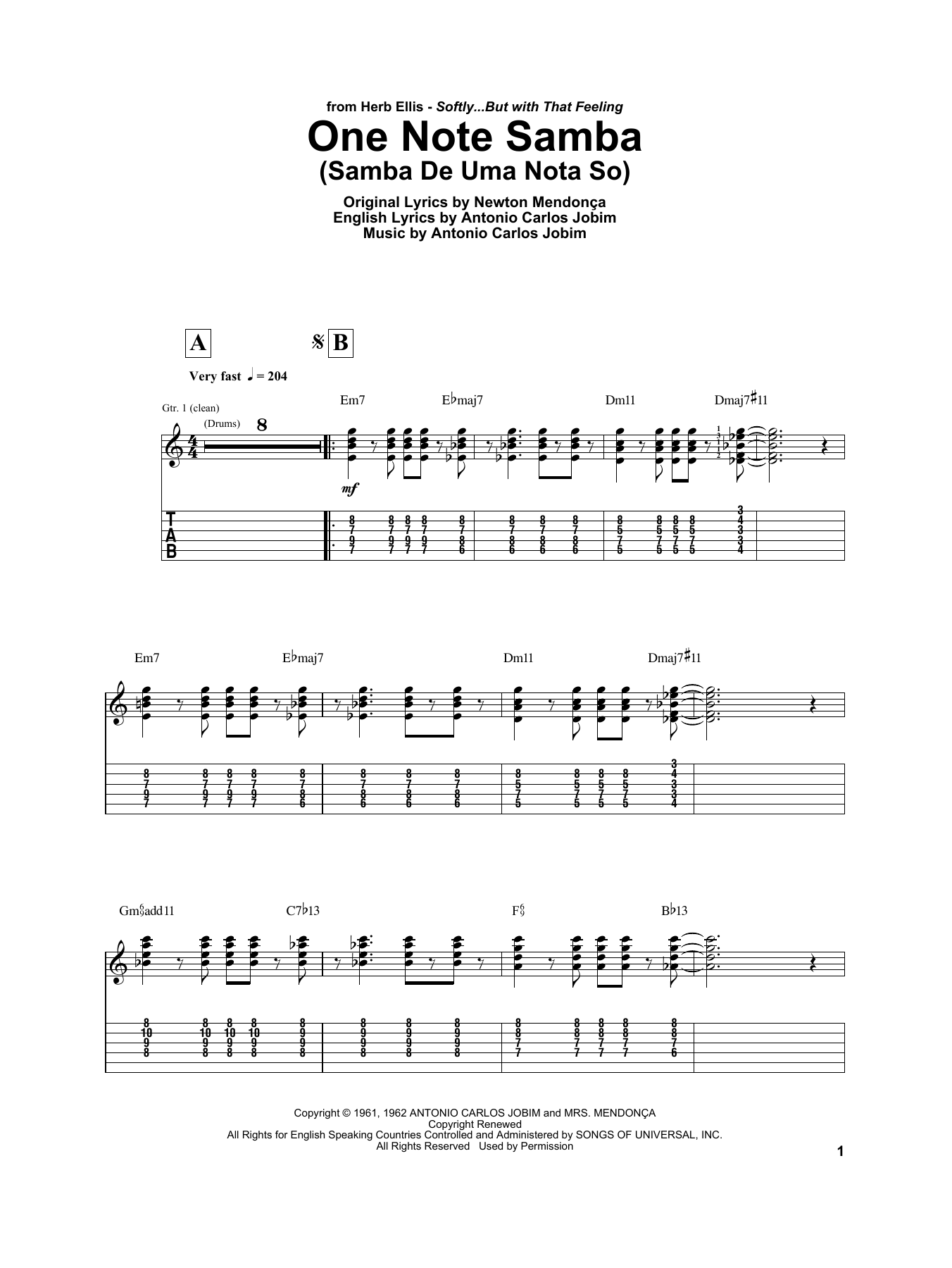 Download Herb Ellis One Note Samba (Samba De Uma Nota So) Sheet Music and learn how to play Electric Guitar Transcription PDF digital score in minutes