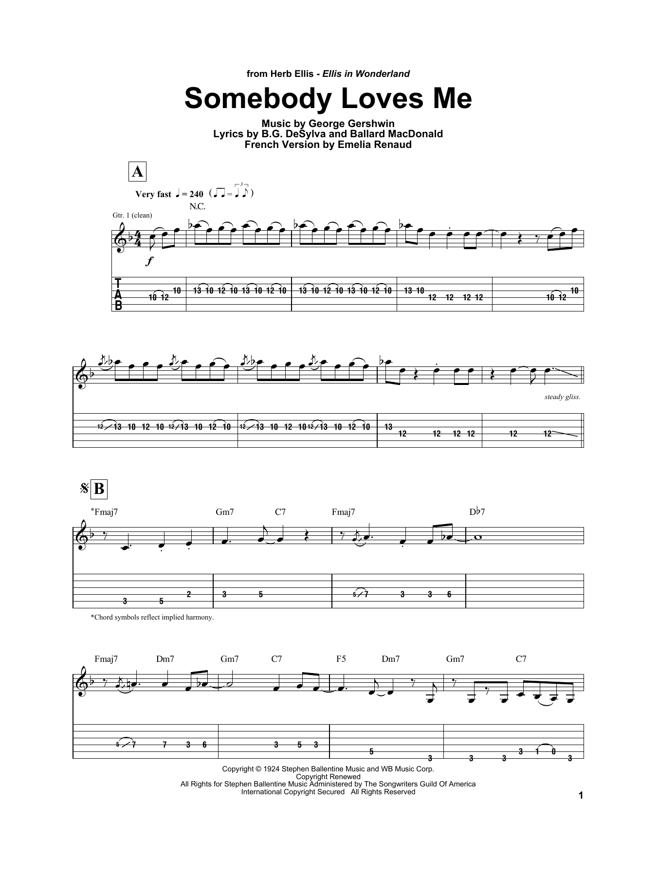 Download Herb Ellis Somebody Loves Me Sheet Music and learn how to play Electric Guitar Transcription PDF digital score in minutes