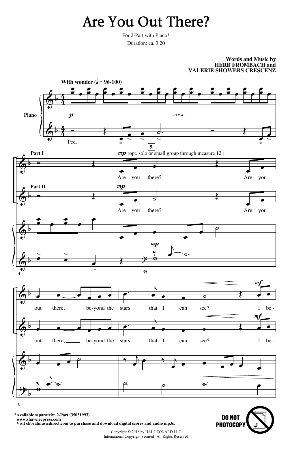 Download Herb Frombach Are You Out There? Sheet Music and learn how to play 2-Part Choir PDF digital score in minutes