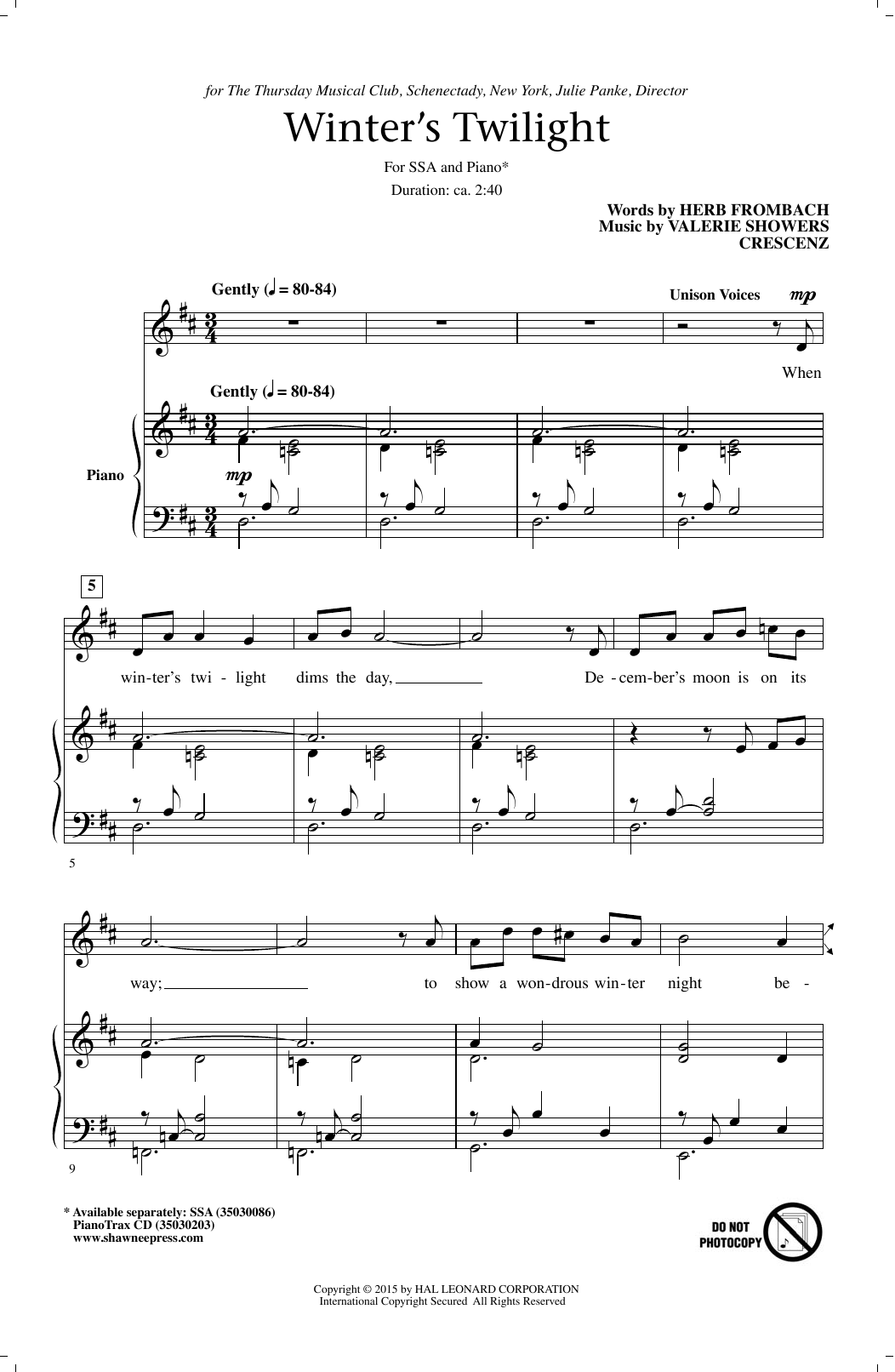 Download Herb Frombach Winter's Twilight Sheet Music and learn how to play SSA PDF digital score in minutes