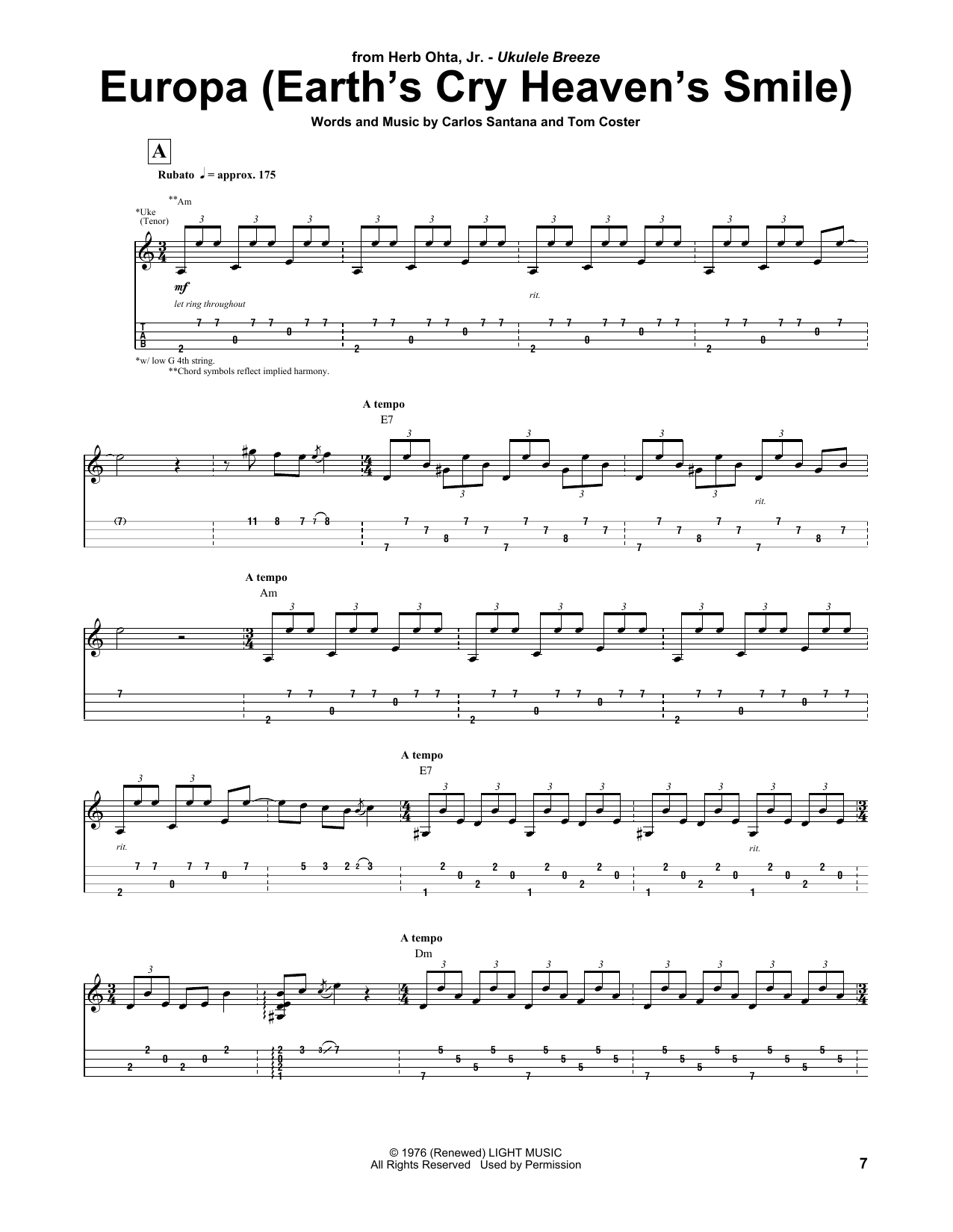 Download Herb Ohta, Jr. Europa Sheet Music and learn how to play UKETAB PDF digital score in minutes