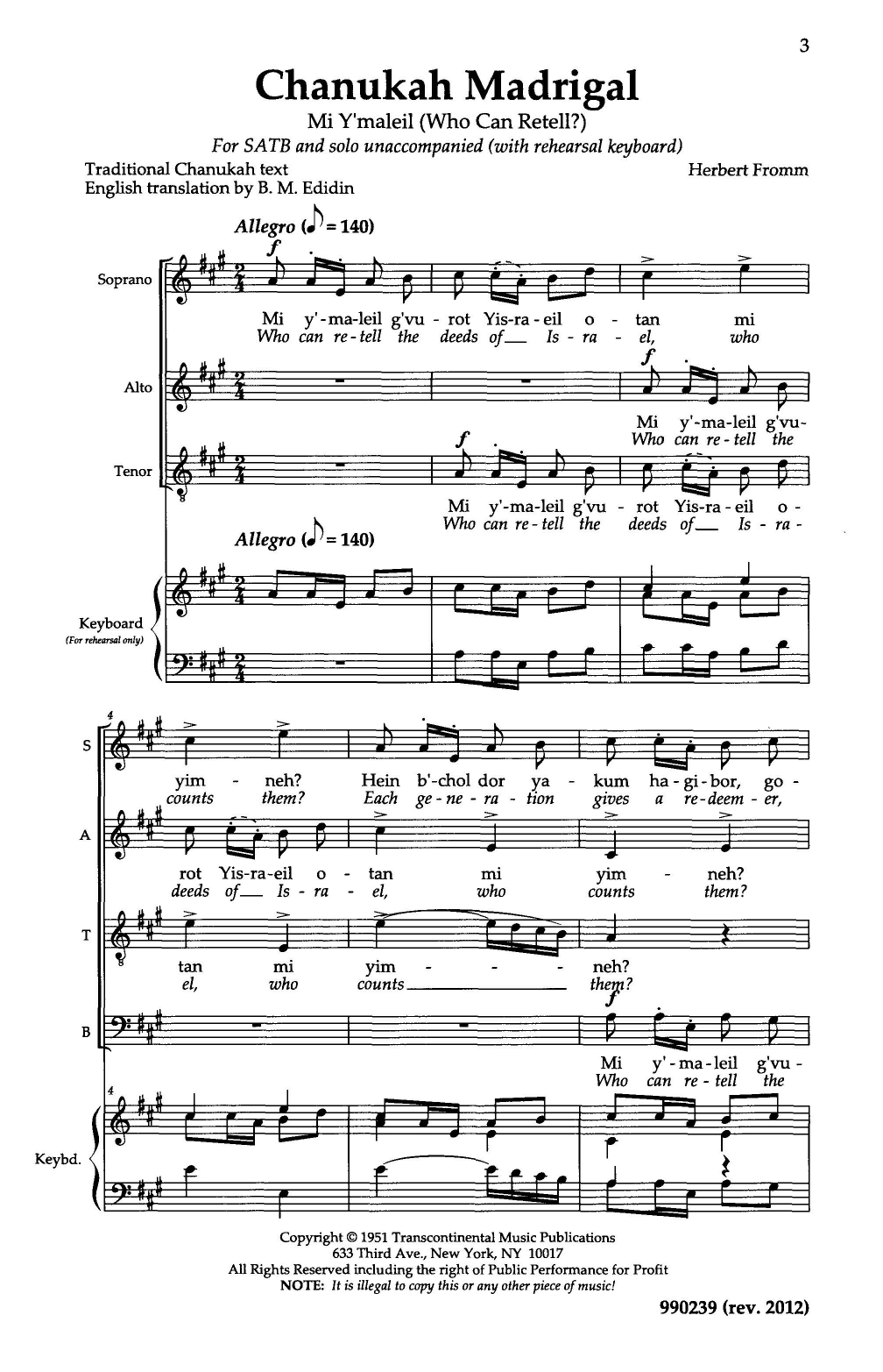 Download Herbert Fromm Hanukkah Madrigal (Mi Y'mallel) Sheet Music and learn how to play SATB Choir PDF digital score in minutes