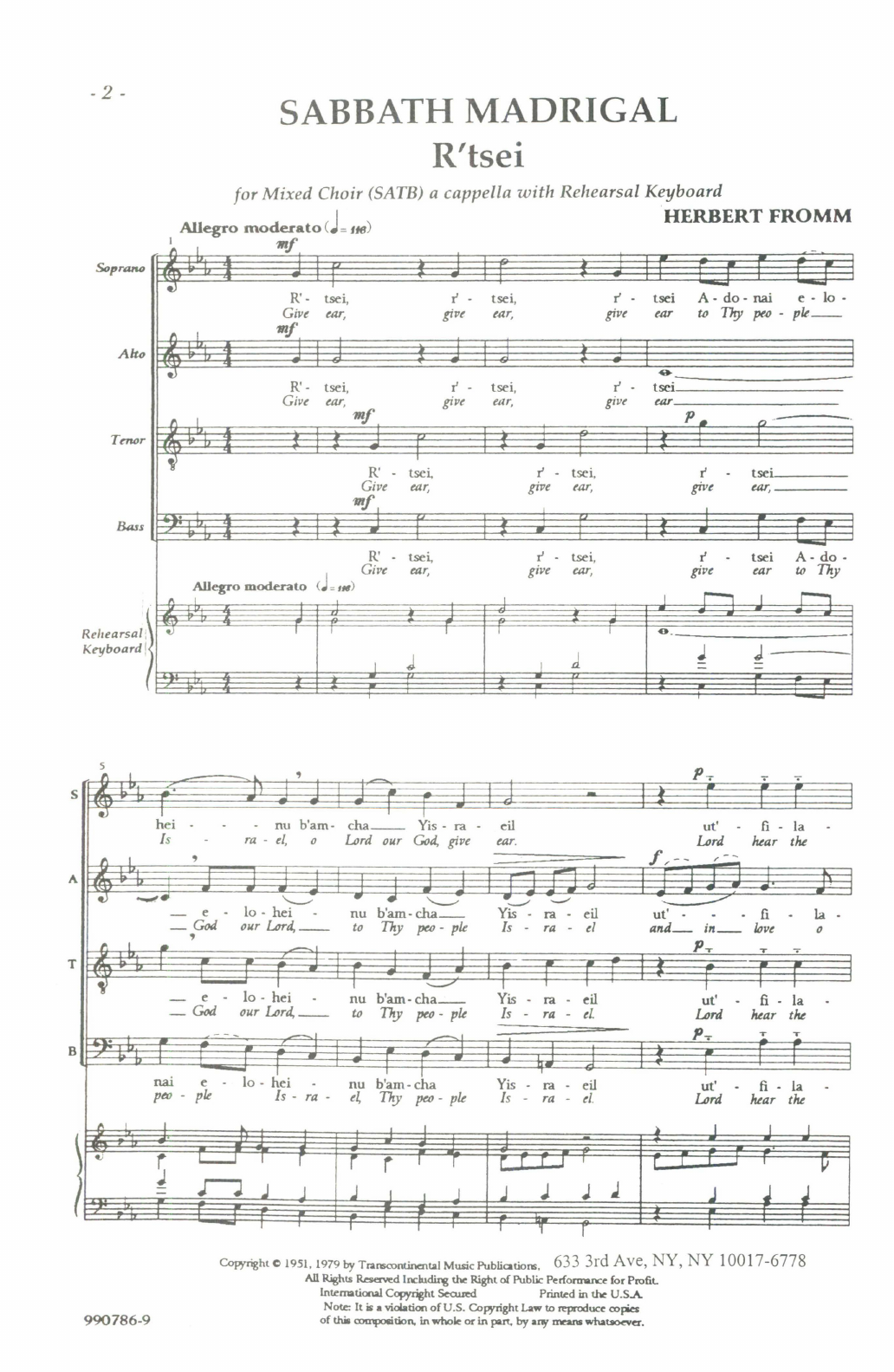 Download Herbert Fromm Sabbath Madrigal (R'tsei) Sheet Music and learn how to play SATB Choir PDF digital score in minutes