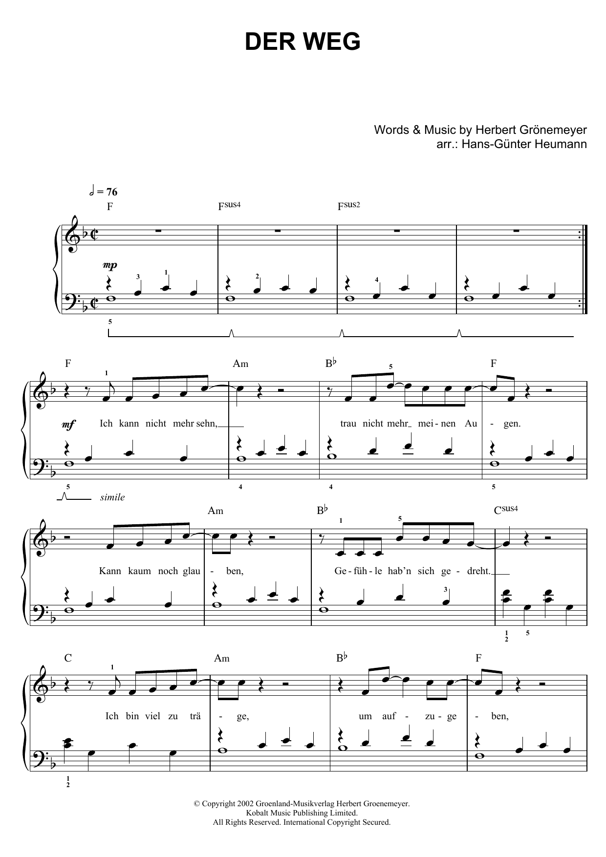 Download Herbert Groenemeyer Der Weg Sheet Music and learn how to play Easy Piano PDF digital score in minutes