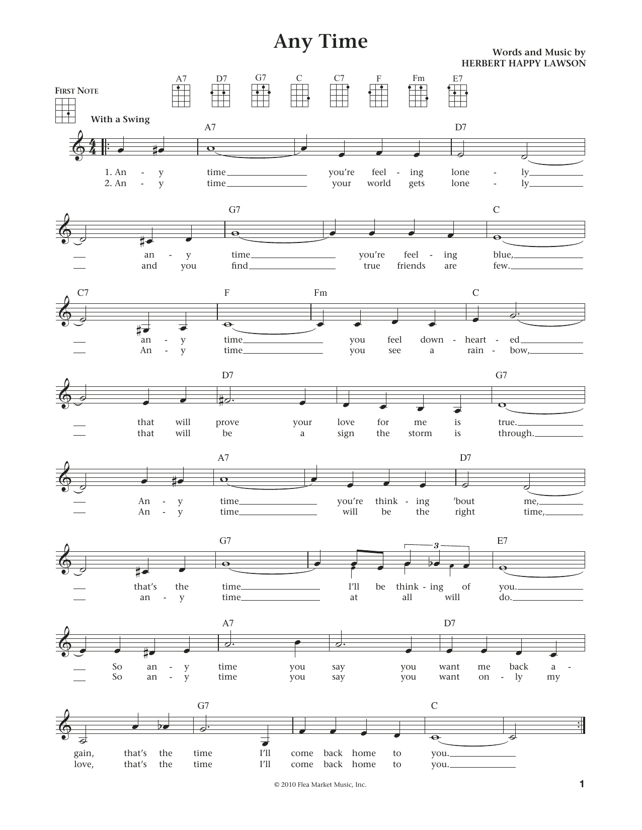 Download Eddy Arnold Any Time Sheet Music and learn how to play Ukulele PDF digital score in minutes