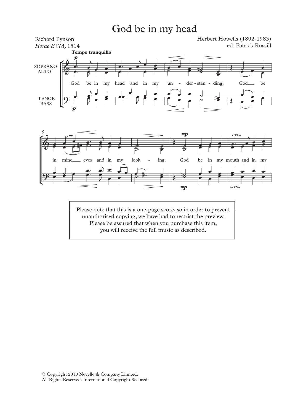 Download Herbert Howells God Be In My Head Sheet Music and learn how to play SATB PDF digital score in minutes
